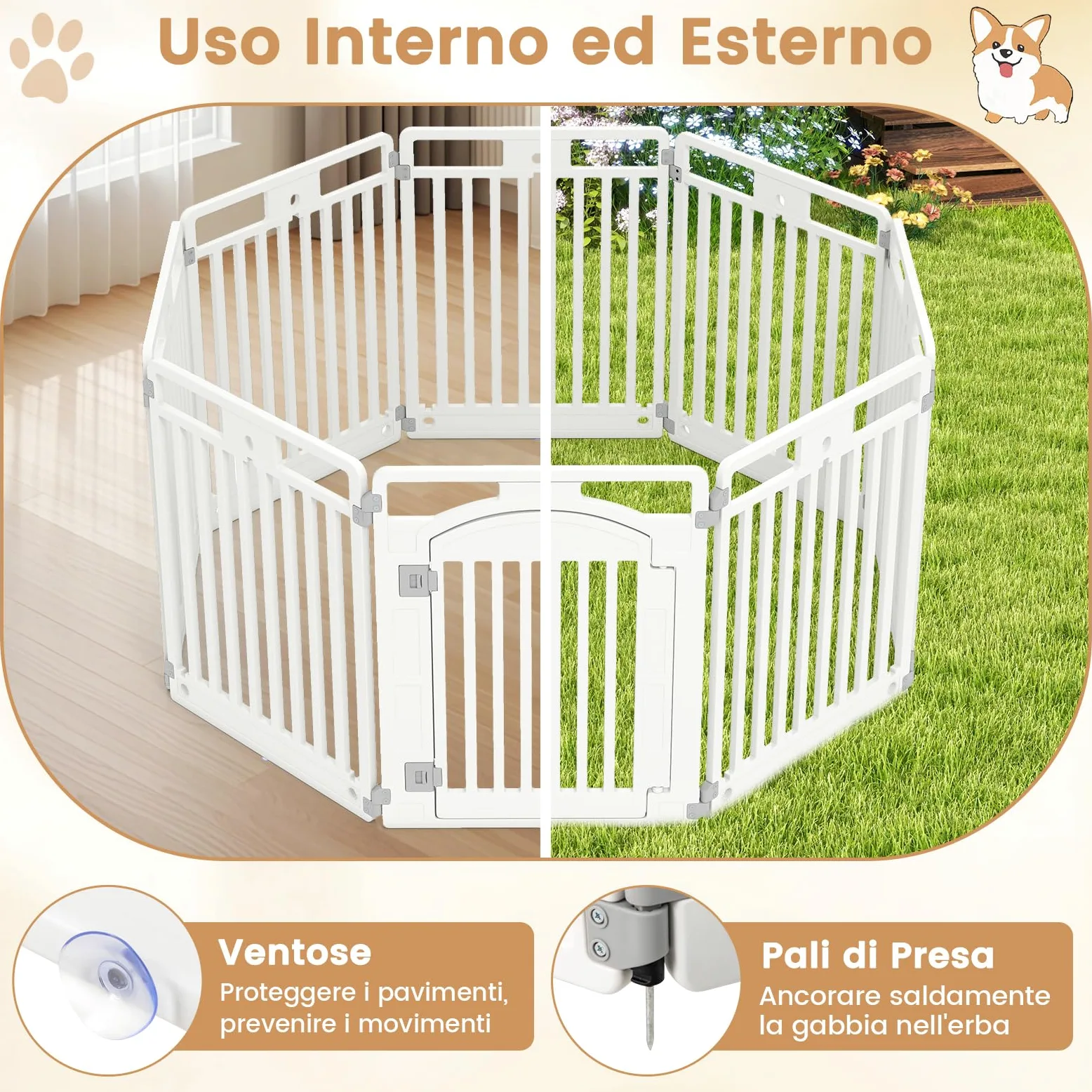 COSTWAY Pannello in Plastica per Cani a 8 Pannelli, Recinzione Portatile per Animali Domestici, Cancello Pieghevole con Porta di Sicurezza con Serratura per Cani, Recinto Pieghevole, 192 x 65 x 80 cm