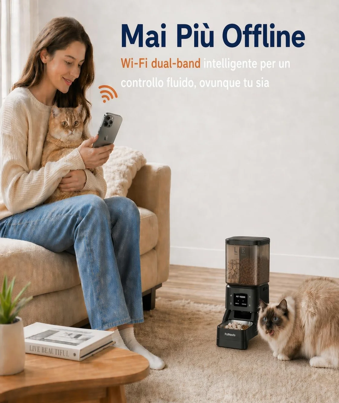 4L Distributore Automatico Cibo Gatti con Doppio Tramoggia, 5G/2.4G WiFi Intelligente Dispenser Crocchette Gatto, Controllo App, 2 Scomparto, Timer Programmabile, Ciotola in Acciaio Inox