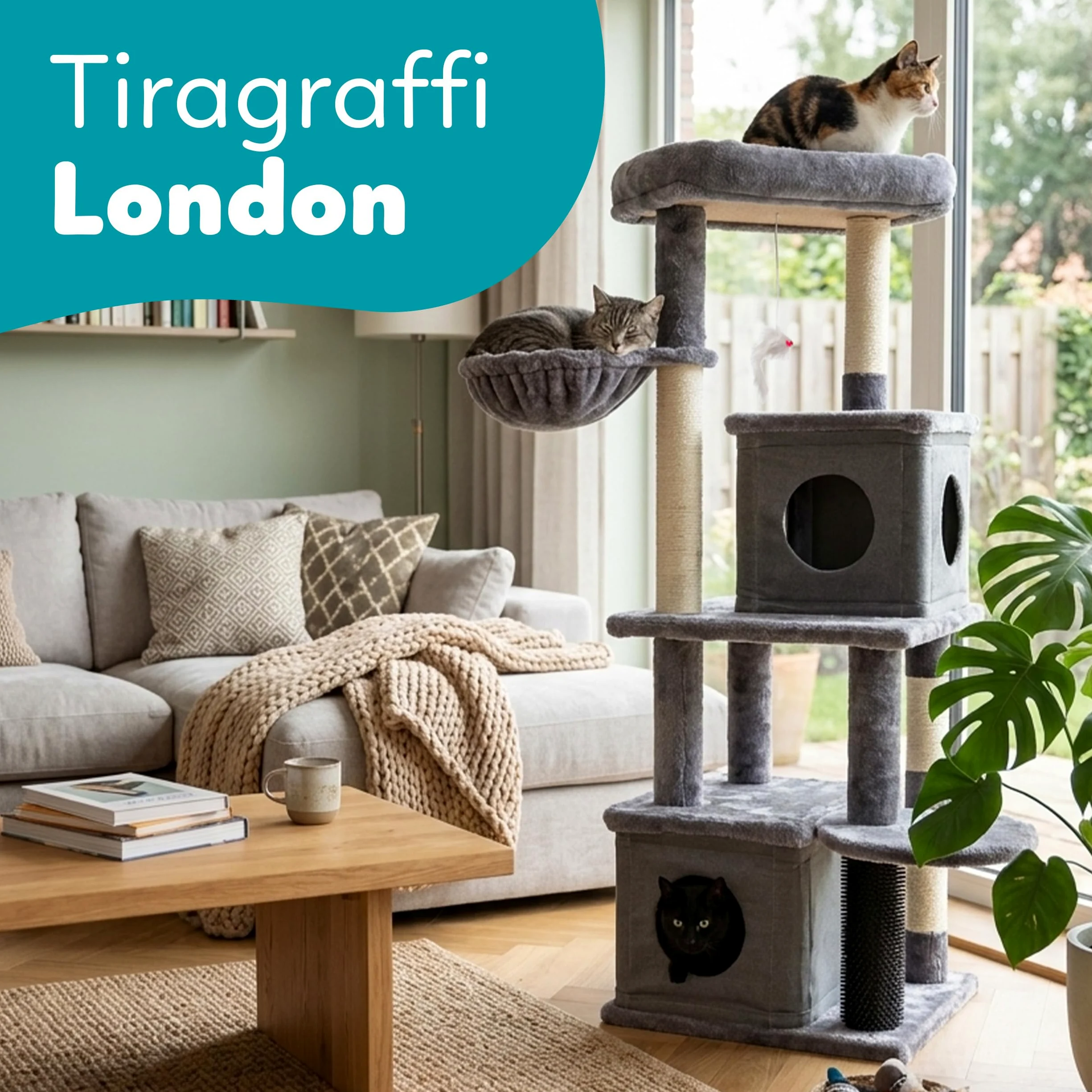 Aqpet Tiragraffi XL a Torre in Sisal e tessuto con Cucce per il riposo, Alto 125 cm per il massimo divertimento del tuo gatto, Colore Grigio