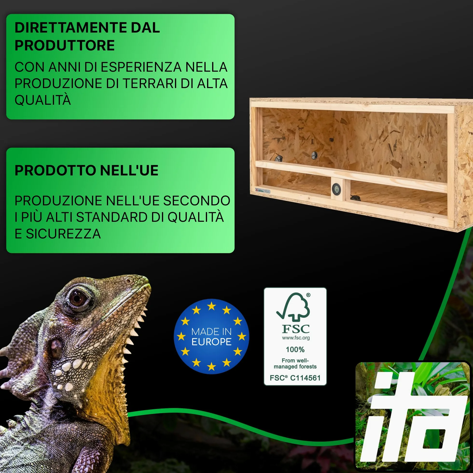ITA Terrario in legno 100x50x40 cm con ventilazione laterale e igrometro integrato - Terrario in legno OSB-3 - Per rettili, serpenti, anfibi - Prodotto UE, certificato FSC