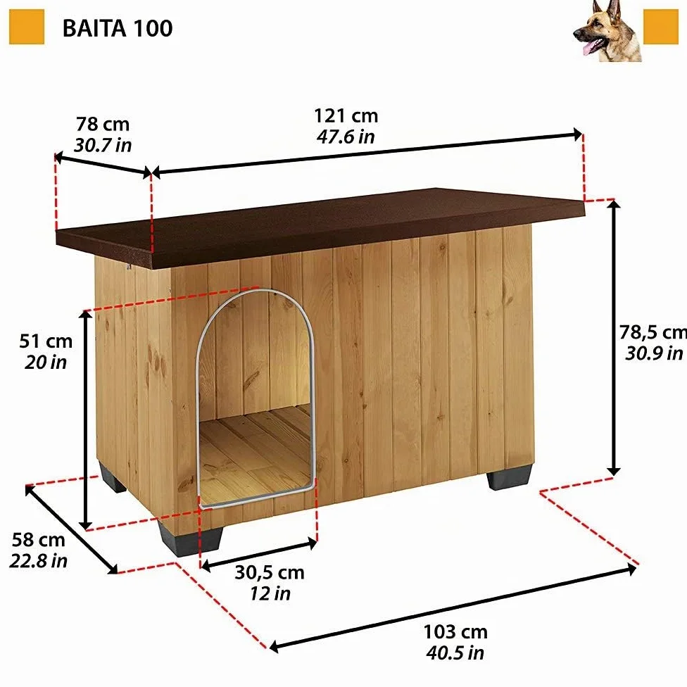 Ferplast Baita 100 Casetta per Cani in Legno FSC - Tetto Apribile, Impermeabile & Anti-UV - Spiovente, con Chiusura - Porta Antimorso in Alluminio - Piedi Isolanti - 121 x 78 x h 78,5 cm