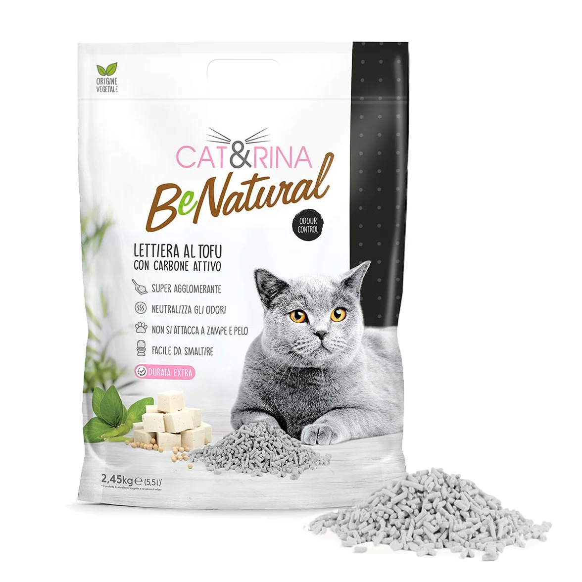 Cat&Rina BeNatural, lettiera per gatti al tofu da 5,5l Agglomerante e Vegetale. Fino a 30 giorni di utilizzo. Si smaltisce nell'organico o nel wc. Sabbia gatti anti odore Carboni Attivi, 6 pezzi