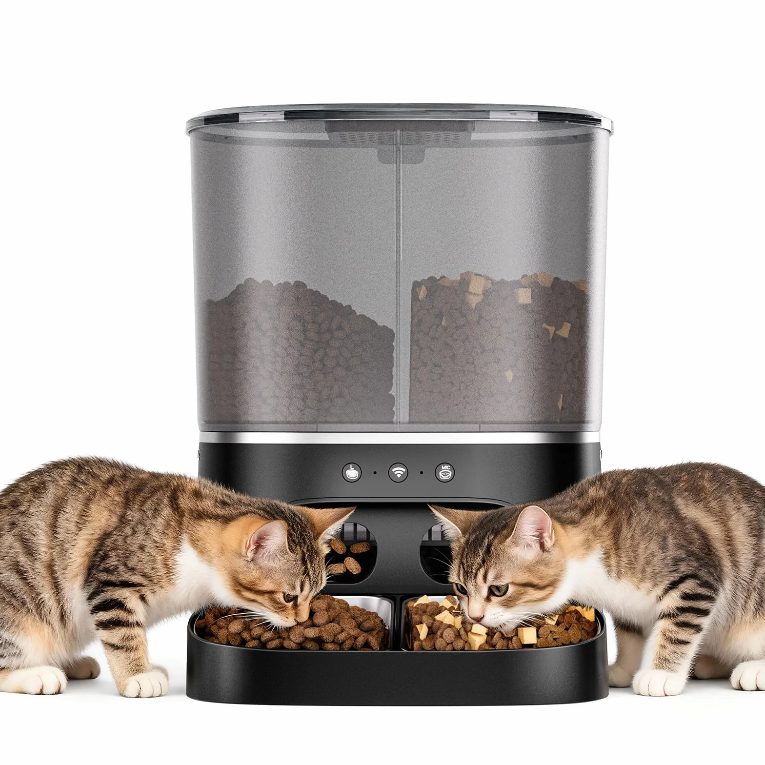 2 in 1 Distributore Automatico Cibo Gatti, 8L 2.4G WiFi Distributore Cibo Cani con Ciotole in Acciaio Inox con Funzione di Registrazione, 10 Pasti al Giorno e Controllo del Timer, Adatto Per Cani e Ga