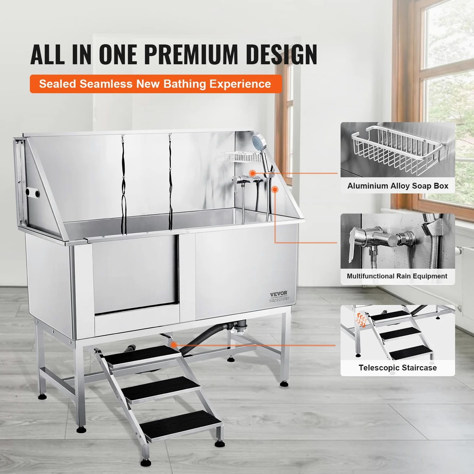 VEVOR Vasca da Bagno per Cani Animali Vasca di Doccia per Animali Domestici in Acciaio Inox con Scale Lunghezza Max.157 cm Carico Max. Circa 200 kg, Vasca Doccia per Toelettatura per Cani con Scale