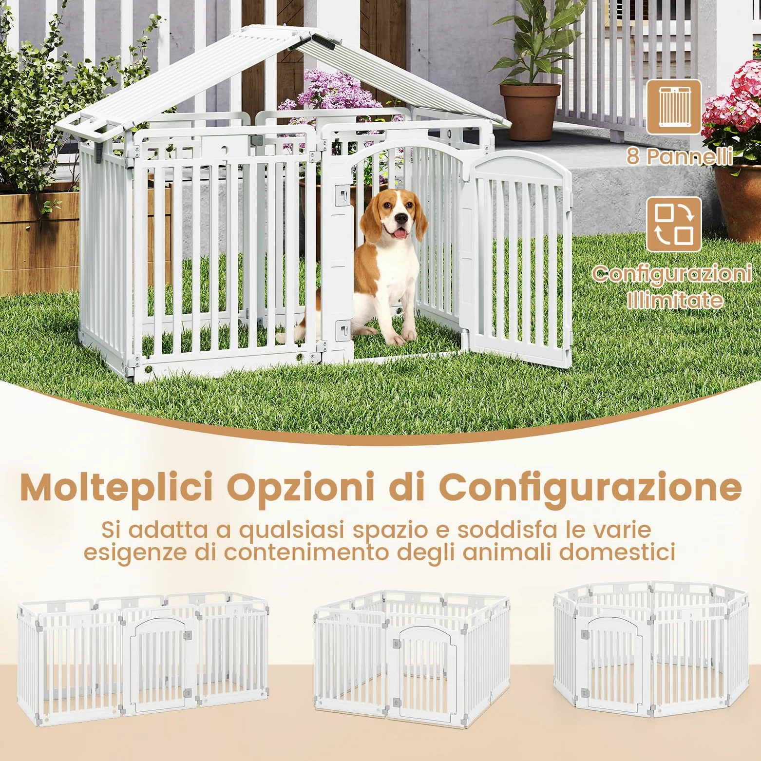 COSTWAY Pannello in Plastica per Cani a 8 Pannelli, Recinzione Portatile per Animali Domestici, Cancello Pieghevole con Porta di Sicurezza con Serratura per Cani, Recinto Pieghevole, 192 x 65 x 80 cm