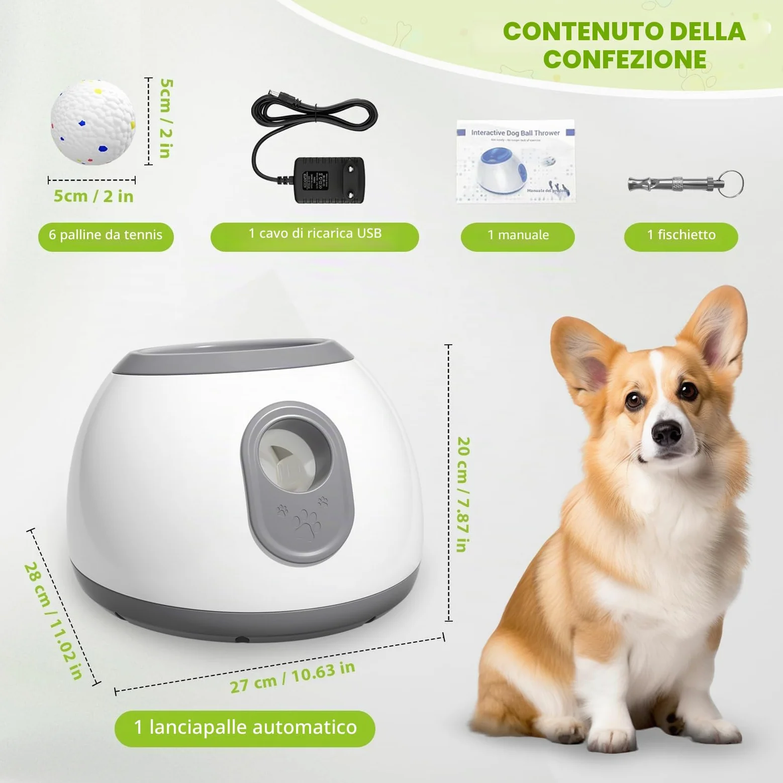lancia palline per cani,lancia pallines per canii automatico con 6 pallinee da tennis da 2'',palla interattiva per canii distanza regolabile 10/20/30ft spara pallines per cani giochi
