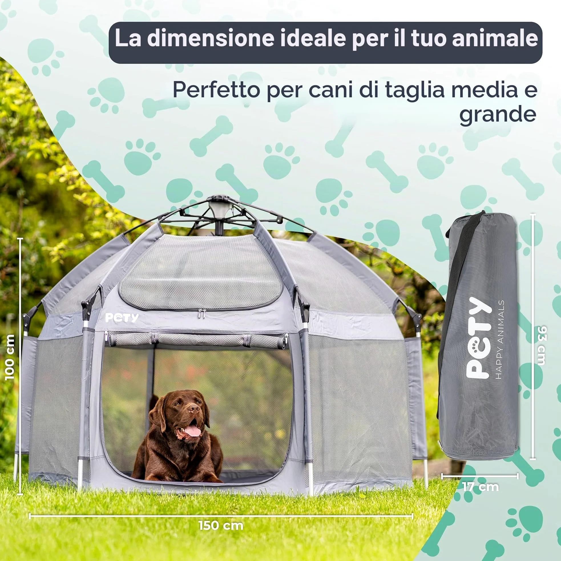 PETY Set box per cani – 150 x 100 cm tenda mobile per cani con borsa per il trasporto, tetto UV e tappetino – recinto per animali domestici e interni – accessori da viaggio per il campeggio –