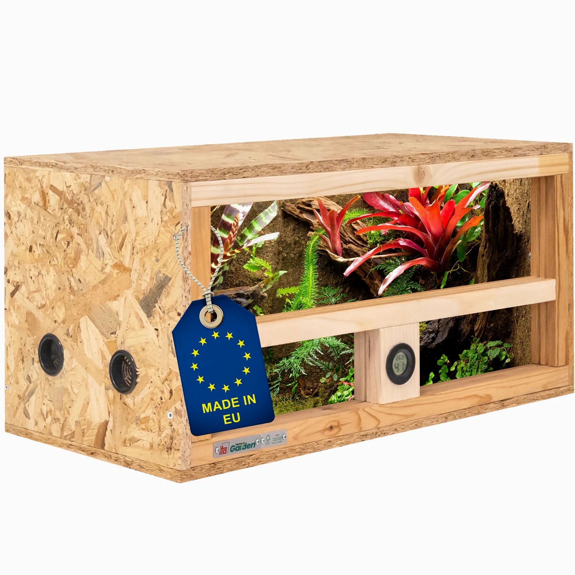 ITA Mini terrario 60x30x30 cm con ventilazione laterale e igrometro integrato - Terrario in legno OSB-3 - Per rettili, serpenti, anfibi - Prodotto UE, certificato FSC