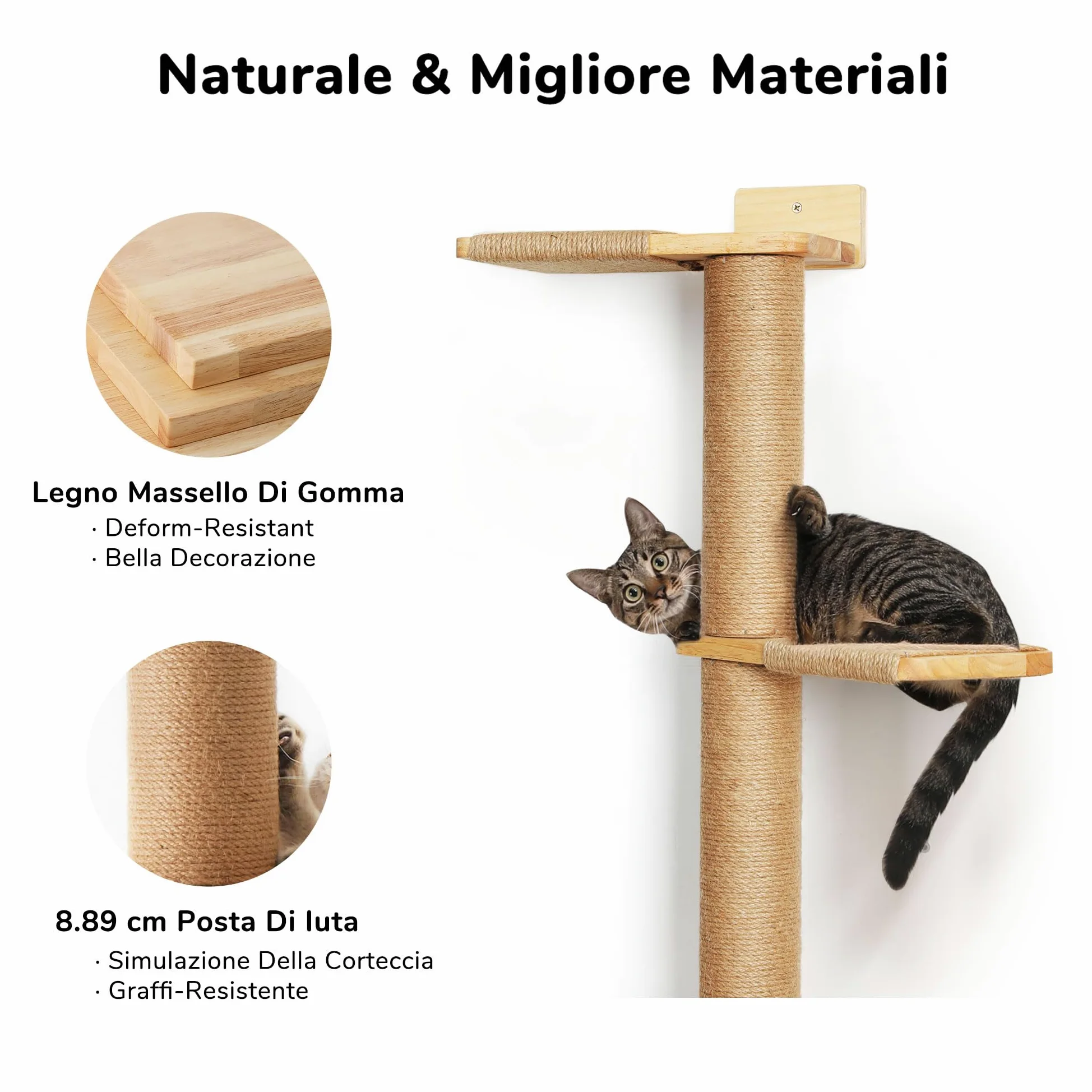 FUKUMARU Torre Tiragraffi per Gatti Alto (205CM), Mensola da Parete a 5 Livelli, Legno Massiccio e Iuta, Gradini per Arrampicare, Graffiare, Giocare