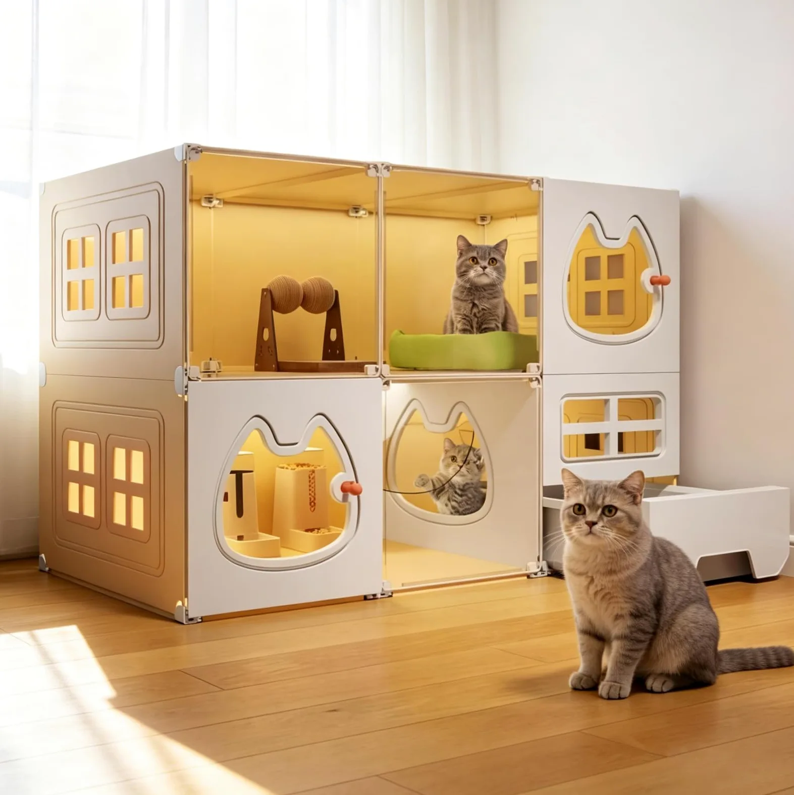 Gabbie per gatti a 2 ripiani grandi con WC per gatti, gabbia per gatti grande, pannelli di recinzione per gatti, box fai da te, recinzione per gatti all'interno, facile installazione, camera da letto