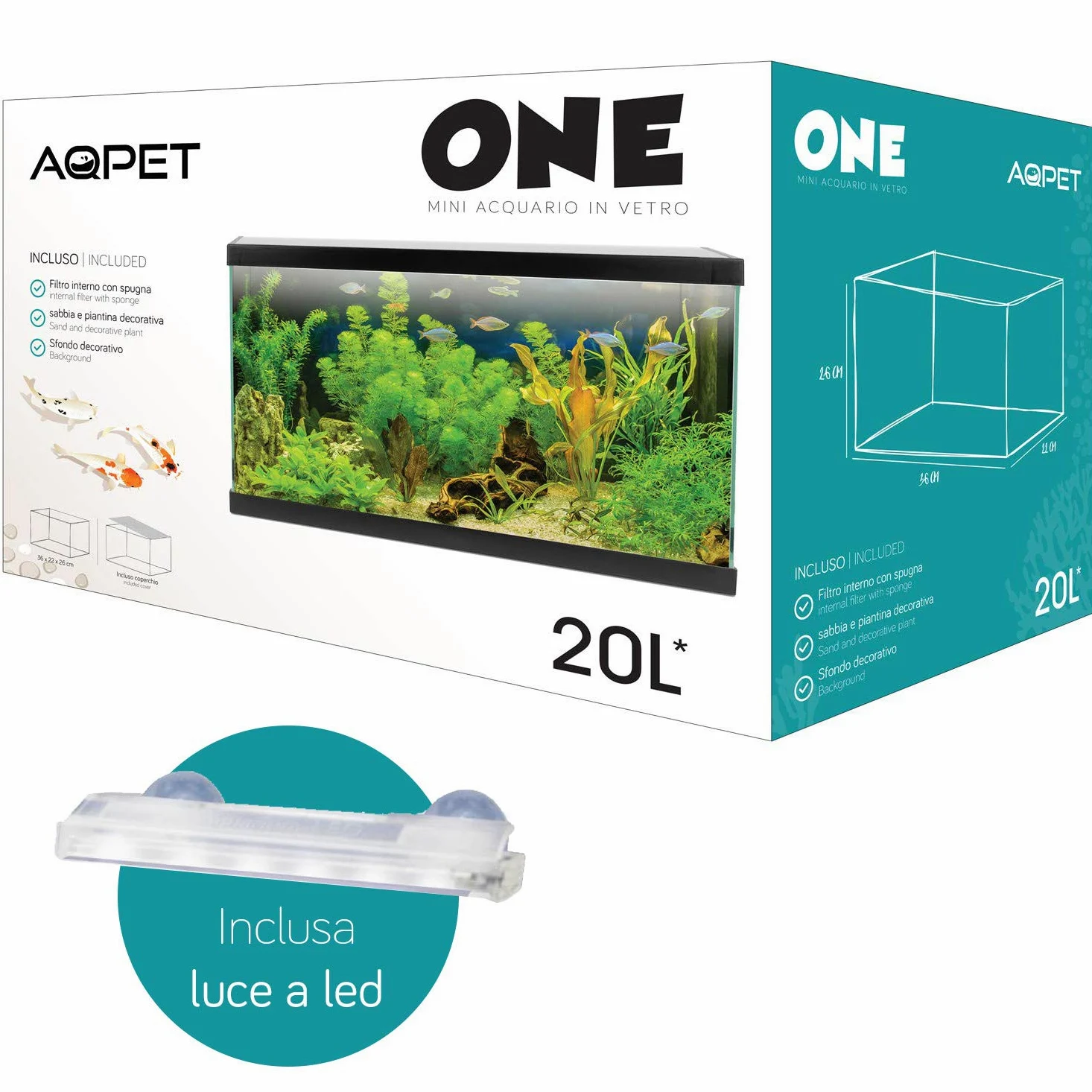 AQPET One Mini Acquario in Vetro Colore Nero 20 Litri Completo di Accessori 36x22x26h Inclusa Luce a LED