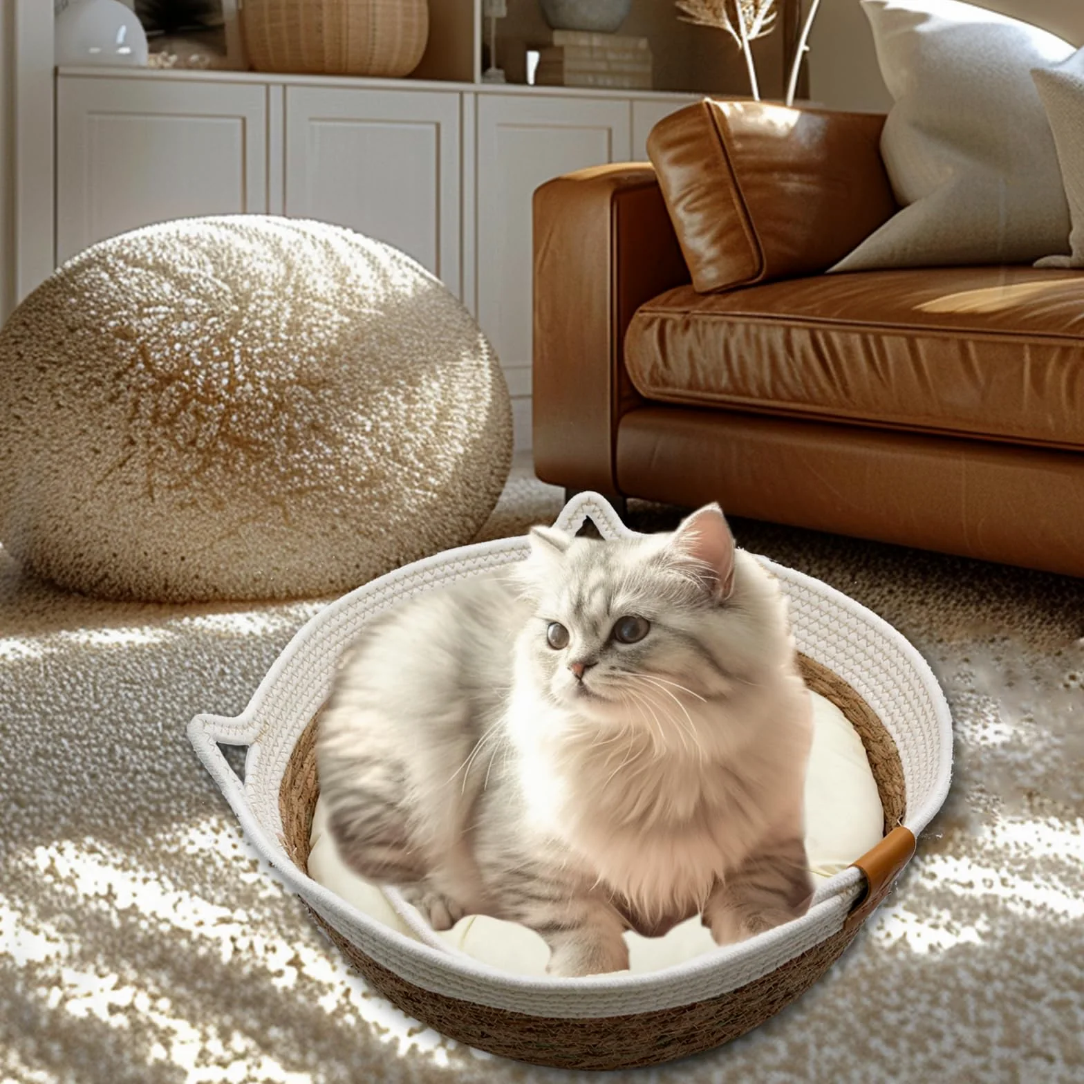 Cuccia per gatti, rotonda, in rattan e 100% cotone, 40 x 40 x 13 cm, colore marrone e bianco (cuscino in cotone)
