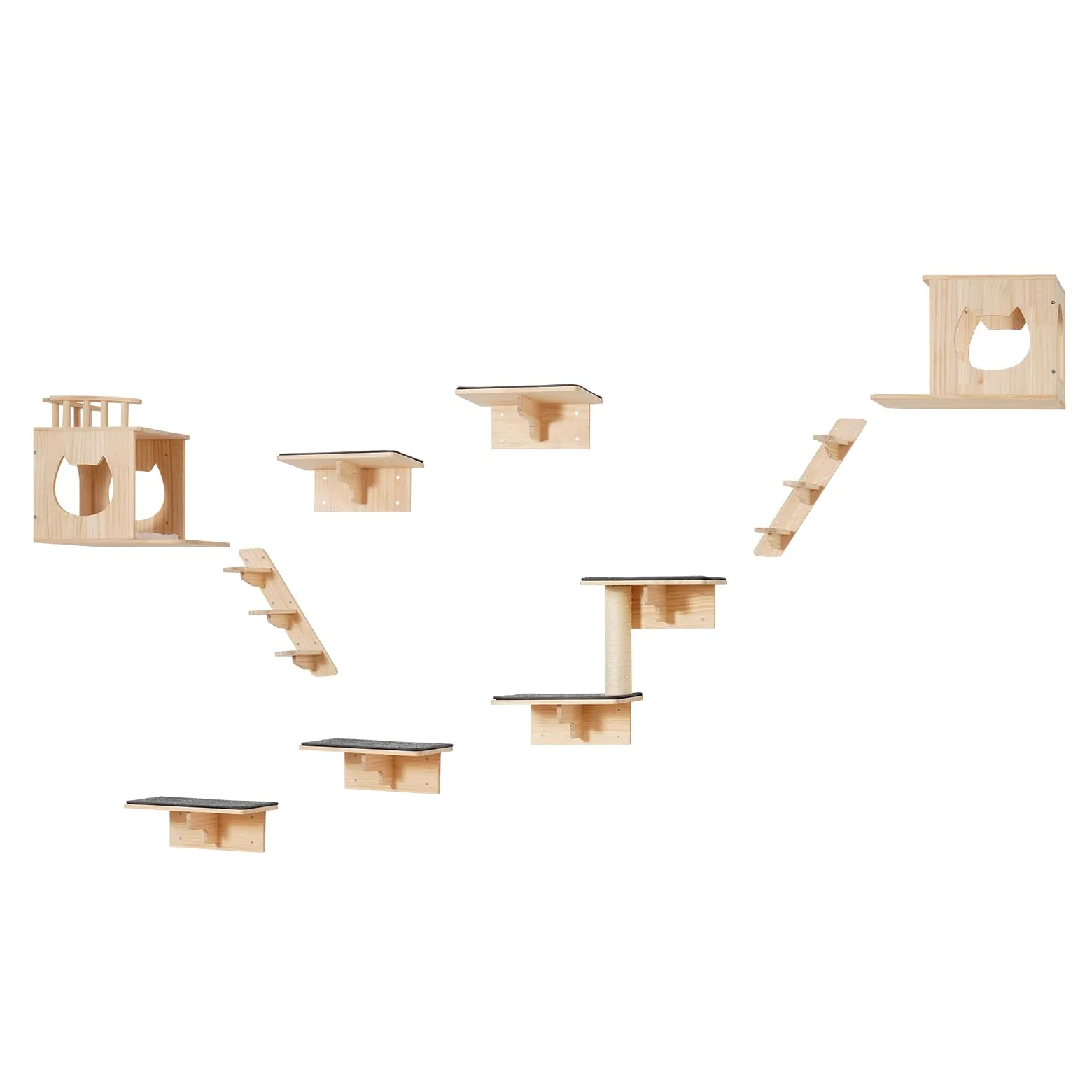 VEVOR Mensole da Parete per Gatti Set da 9, Posatoi Montati a Parete per Gatti con Trampolini, Cucce per gatti, Amache, Set di Mobili da Parete per Gatti Fino a 18,14 kg per Dormire, Arrampicarsi