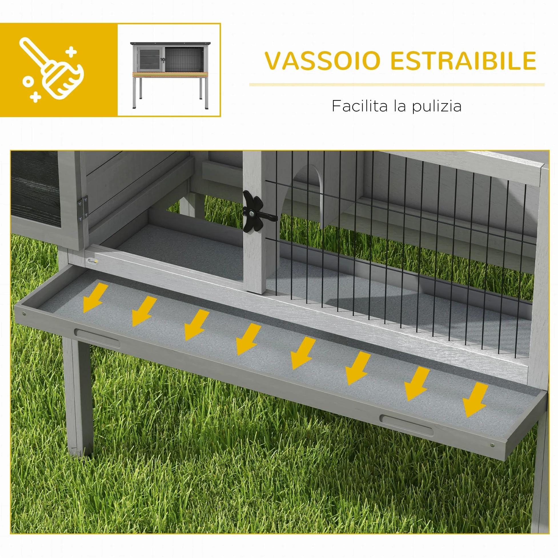 PawHut Conigliera Rialzata in Legno da Esterni con Tetto Apribile, Gabbia per Conigli con Vassoio Estraibile, 84x43x70cm