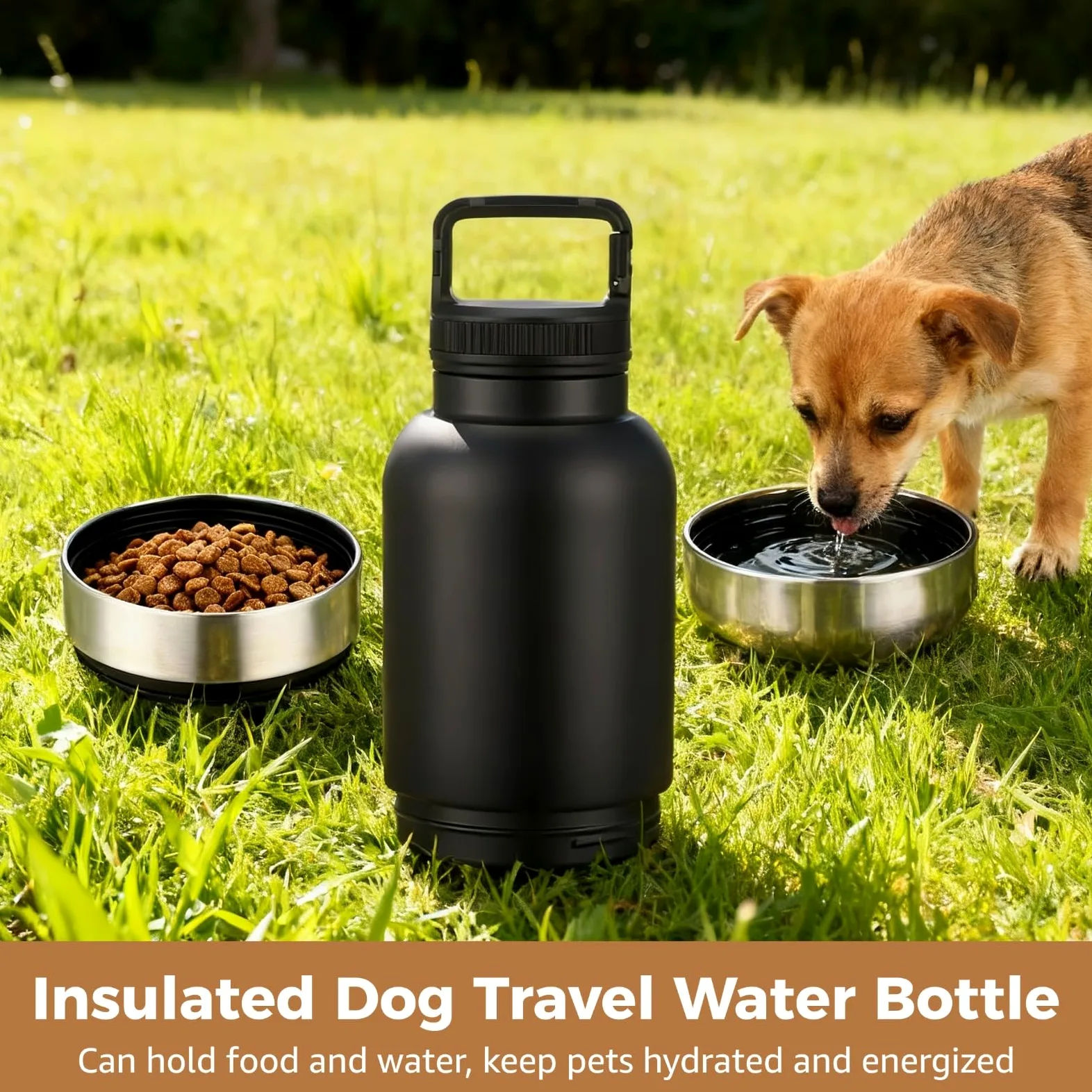 Borraccia 3 in 1 per cani, 1000 ml, in acciaio inox, con 2 ciotole staccabili, per viaggi, passeggiate, escursioni, attività all'aperto