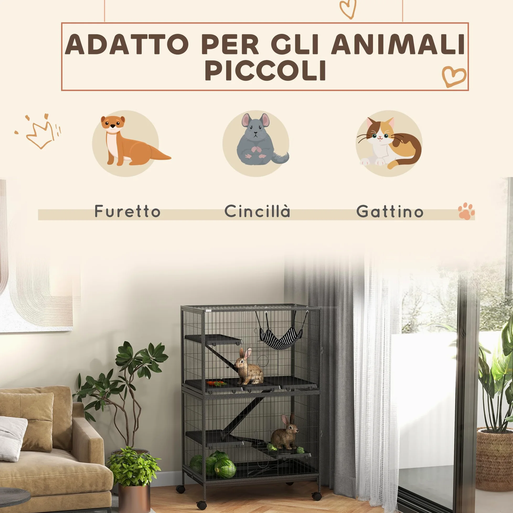 PawHut Gabbia per Animali Piccoli con 4 Ingressi a Livelli Multipli con Amaca, Gabbietta per Roditori, Furetti, Cincillà in Metallo e PP, 80x52x128 cm, Argento e Grigio