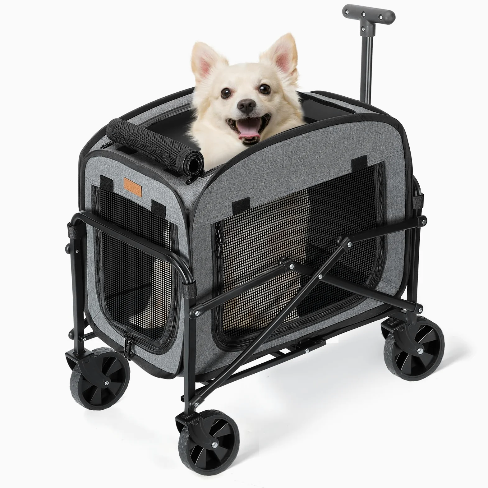 Trasportino per Cani Gatti con Ruote, Trasportino Gatto con Manico Telescopico e Base Rimovibile, Carrello Animali Rotolante Carico Massimo 18 kg con Grandi Ruote per Tutti Terreni, Grigio