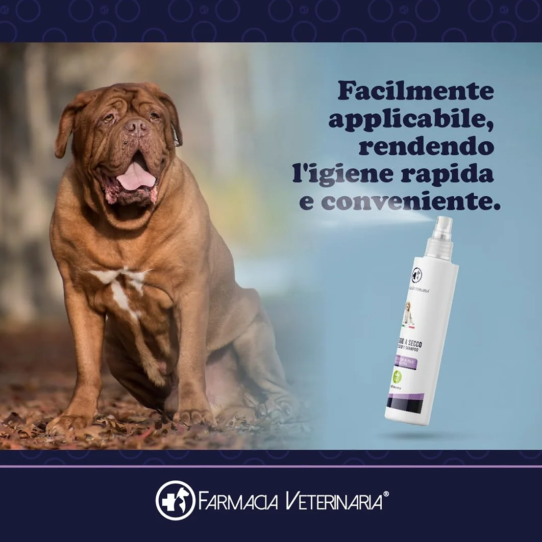 Farmacia Veterinaria Shampoo Secco per Cani - Privo di Parabeni e Coloranti - Shampoo per Cani Profumato e Senza Risciacquo - 250 ml, Prodotto in Italia