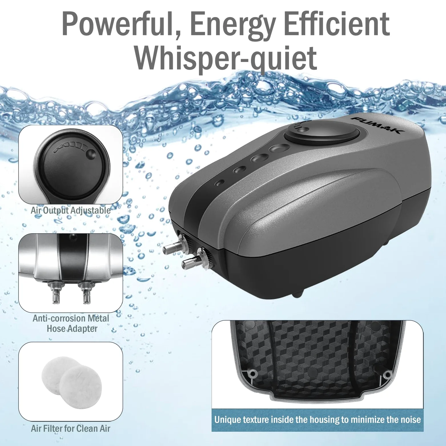 Aeratore per laghetti all-in-one per laghetti esterni fino a 3000 litri, portata regolabile, kit di ventilazione per laghetti con tubi per aviazione, valvole di ritegno