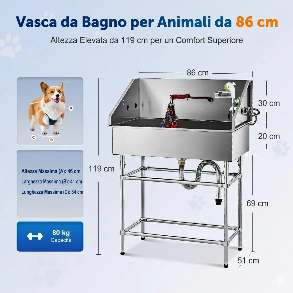 CO-Z 86 cm Vasca da Bagno per Cani Extra Elevata Altezza 120 cm, Vasca Toelettatura Professionale per Animali Domestici con Spruzzatore, Doccia per Toelettatura in Acciaio Inossidabile capacità 80 kg