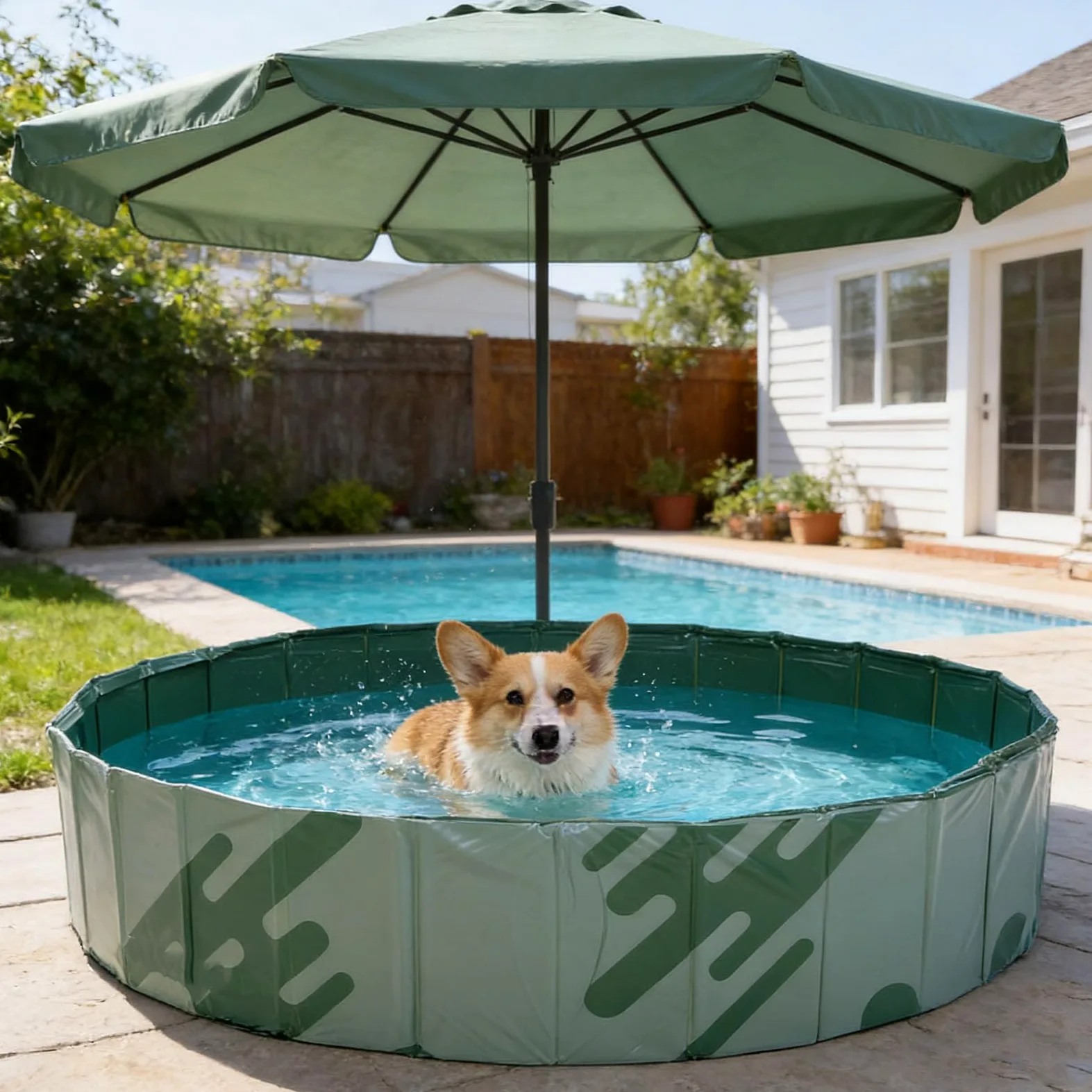Piscina Pieghevole, Piscina All'aperto in Plastica Non Gonfiabile per Cortile, Vasca da Bagno Portatile Pieghevole per Animali Domestici per Cani, (Avventura nella Natura Selvaggia Verde)