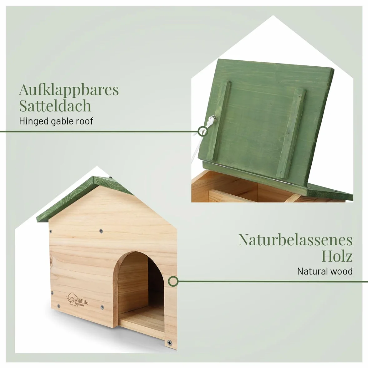 wildlife home Casetta per riccio invernale con fondo in legno, con tetto a due falde, resistente alle intemperie, per tutto l'anno, per il giardino, a prova di gatti, riccio