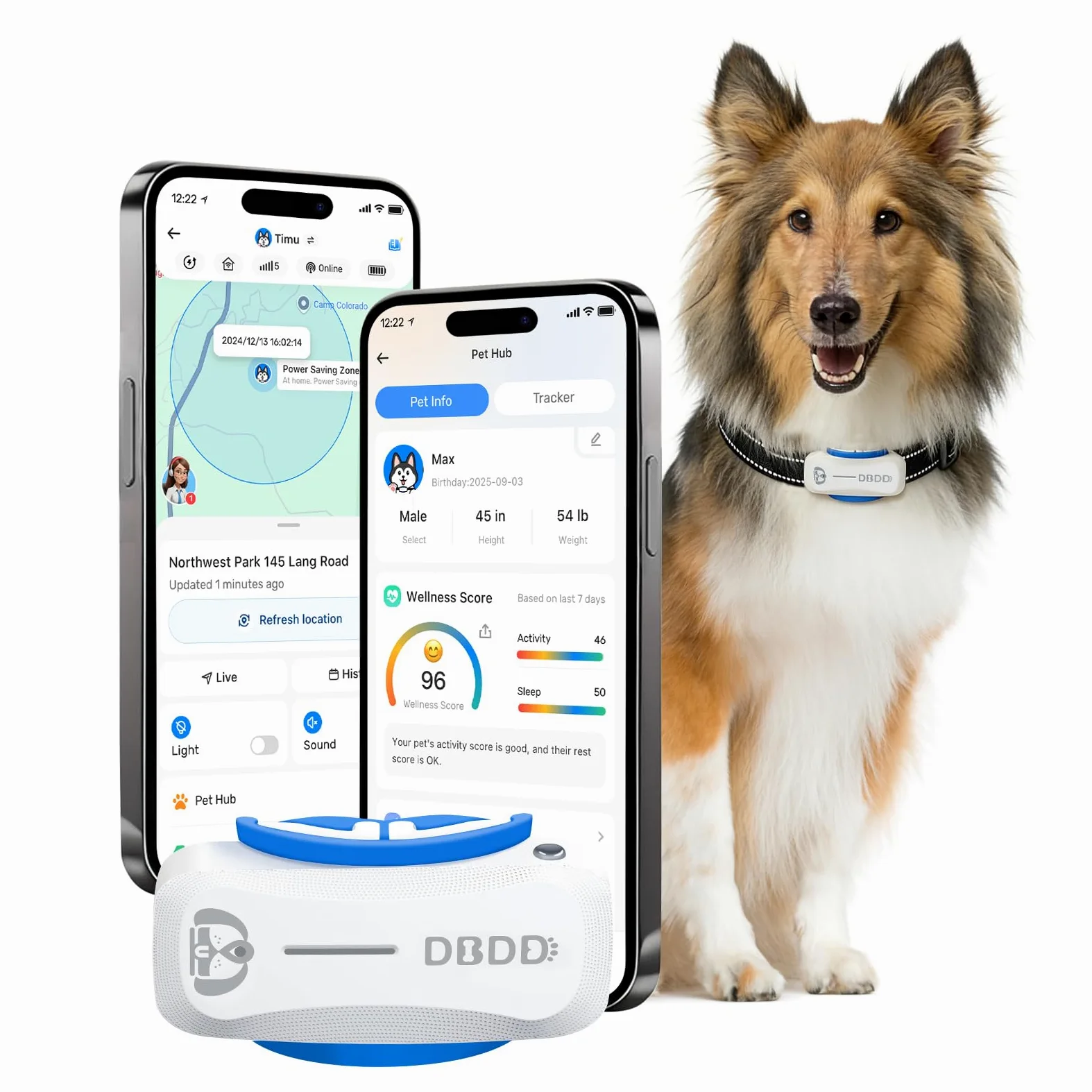DBDD Smart GPS Dog Collar Tracker con recinto virtuale, monitoraggio live e segni vitali, per cani fino a 18 kg, impermeabile, per cani da 18 kg in su, compatibile con iOS e Android (bianco)