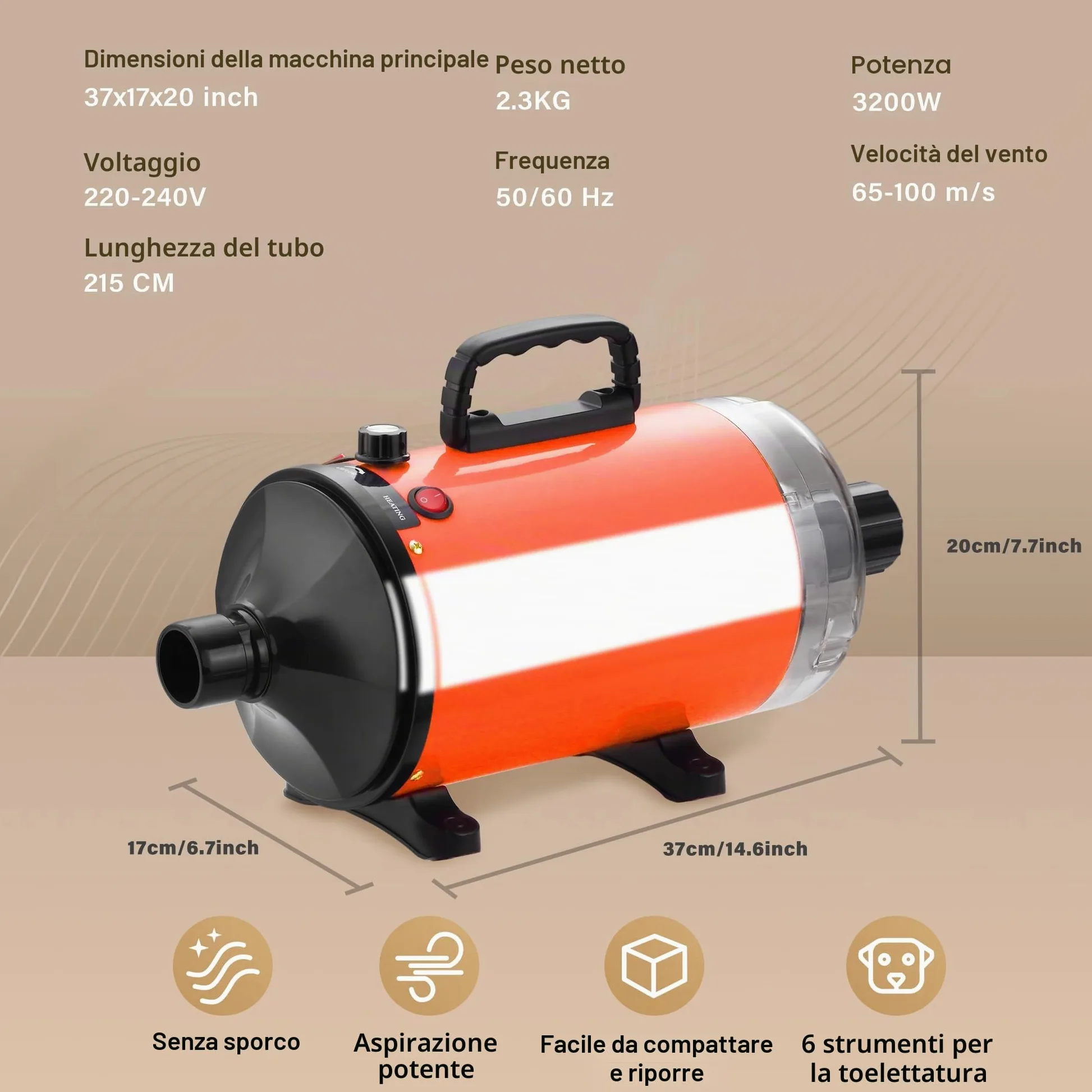 DEWINNER 2 in 1 Asciugacapelli Professionale per Cane, Blower 3200 W con Aspirapolvere, Velocità e Temperatura Regolabili, Silenzioso, 5 Ugelli, Tubo Elastico + Spazzola