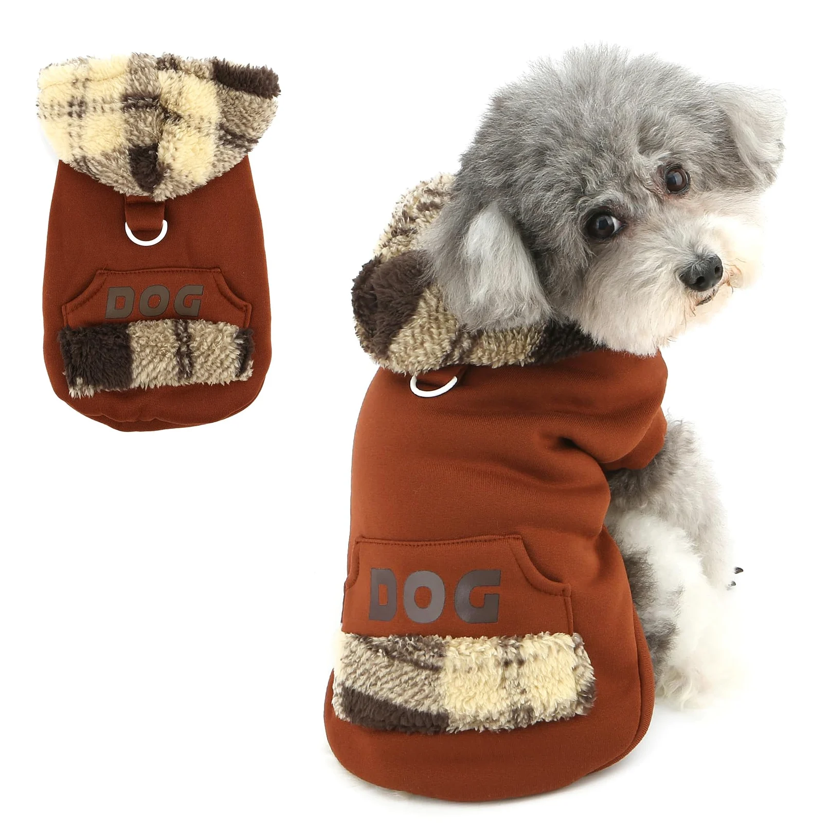 XHYRHTS Maglione in Pile per Cani con Cappuccio Scozzese Fuzzy per Razze XSmall Piccole, Caldo Pullover Senza Maniche con Anello a D e Tasca, Completo Invernale con Cappuccio per Cuccioli Gattini