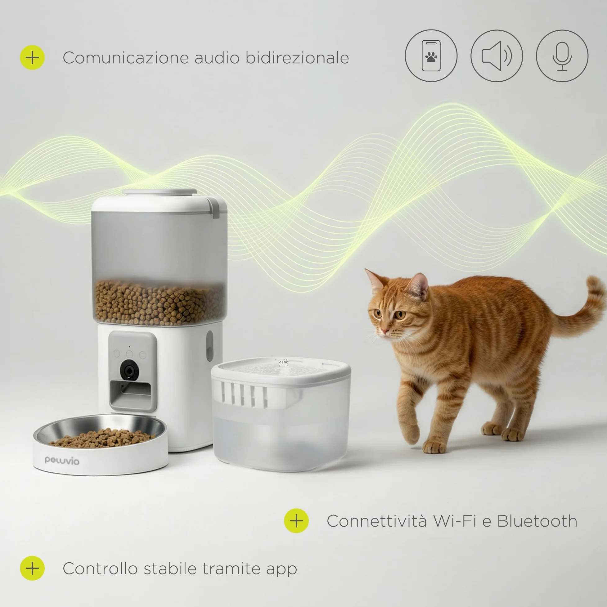 FEAST Distributore Automatico Cibo Gatti con WiFi e Videocamera, Dispenser Crocchette Gatto 4,5 L con Ciotola, Porzioni Programmate, Fontana 2,5 L, Distributore Automatico Cibo Cani (Bianco)