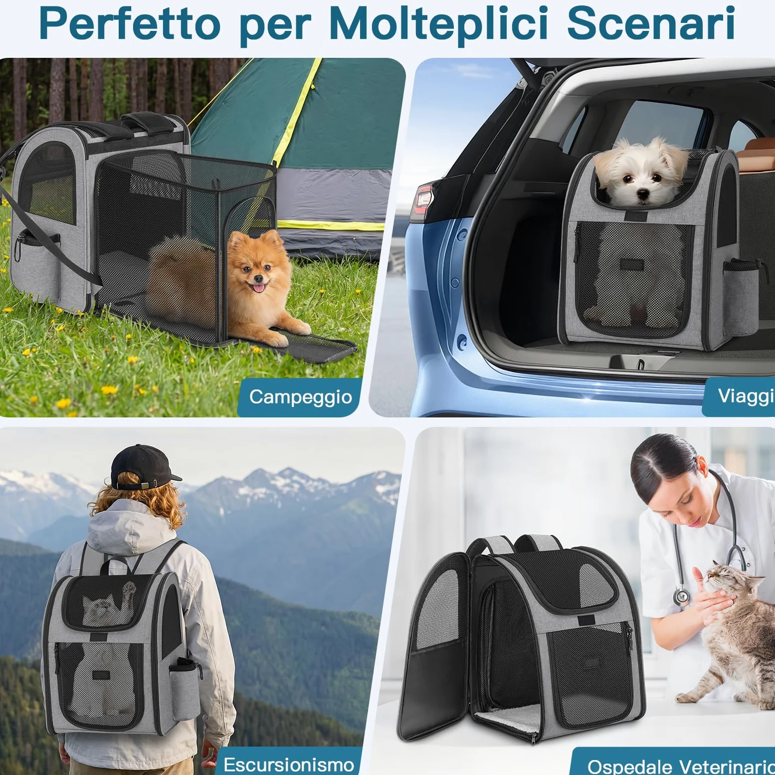 Zaino per Cani Gatti Estensibile, Zaino Gatto Cane 10 kg, Traspirante Zaino Porta Cane Gatto con Finestra a Rete, Zaino Trasportino Gatto Cani con Guinzaglio Interno e Tappetino per Viaggi - Grigio