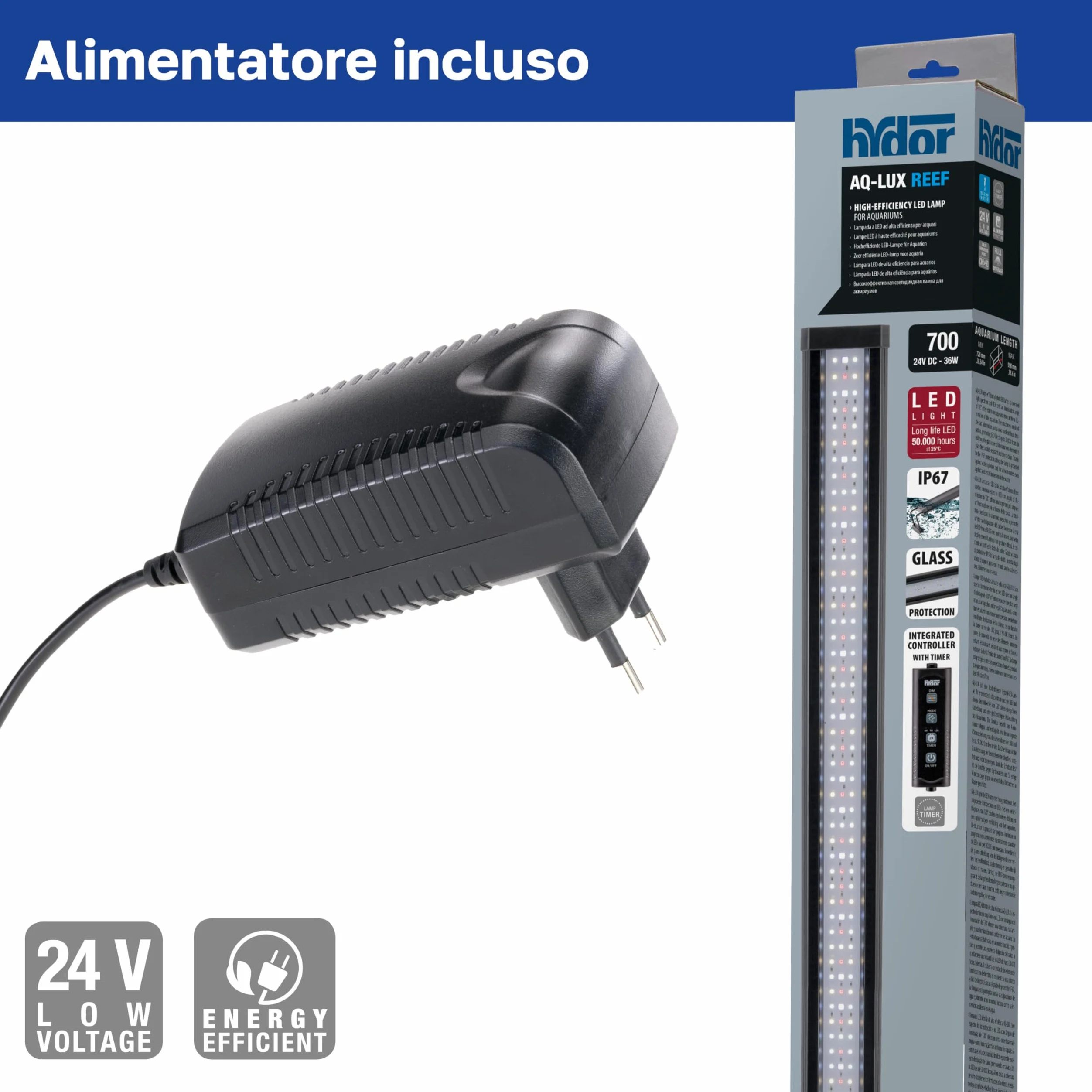 Hydor AQ-LUX REEF 700 Lampada LED per Acquario Marino 36 W (1400 lm) Spettro professionale, Dimmer e Timer Programmabile, Staffe Regolabili, Alimentatore Incl, IP67, 72 x 8 x h 9,5 cm.