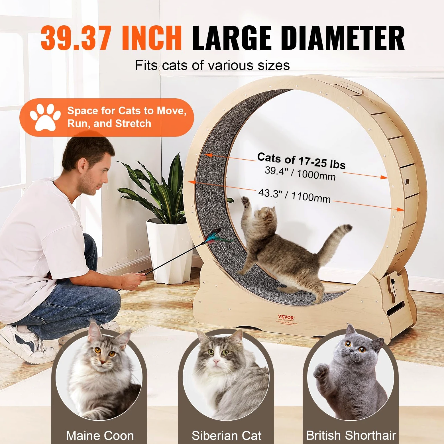 VEVOR Ruota per Esercizi per Gatti in Legno, Ruota per Tapis Roulant per Gatti 110 cm, Ruota Tavola di legno per Corsa con Tappeto Staccabile e Teaser per Gatti per Corsa Allenamento Interno Gialla