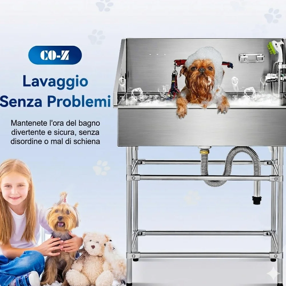 CO-Z 86 cm Vasca da Bagno per Cani Extra Elevata Altezza 120 cm, Vasca Toelettatura Professionale per Animali Domestici con Spruzzatore, Doccia per Toelettatura in Acciaio Inossidabile capacità 80 kg