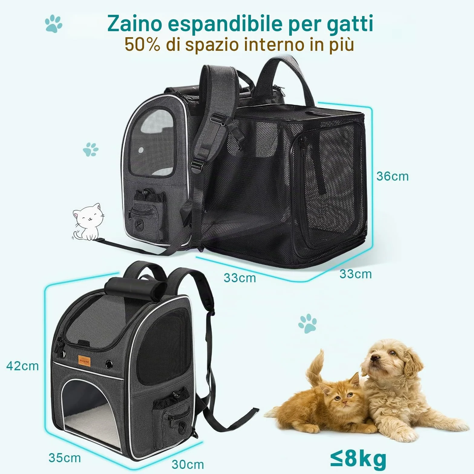 Morpilot Zaino per Gatti Cani Estensibile, Trasportino per Cani Gatti 8 kg, Portatile Zaino Cane Gatto per i viaggi in treno all'aperto