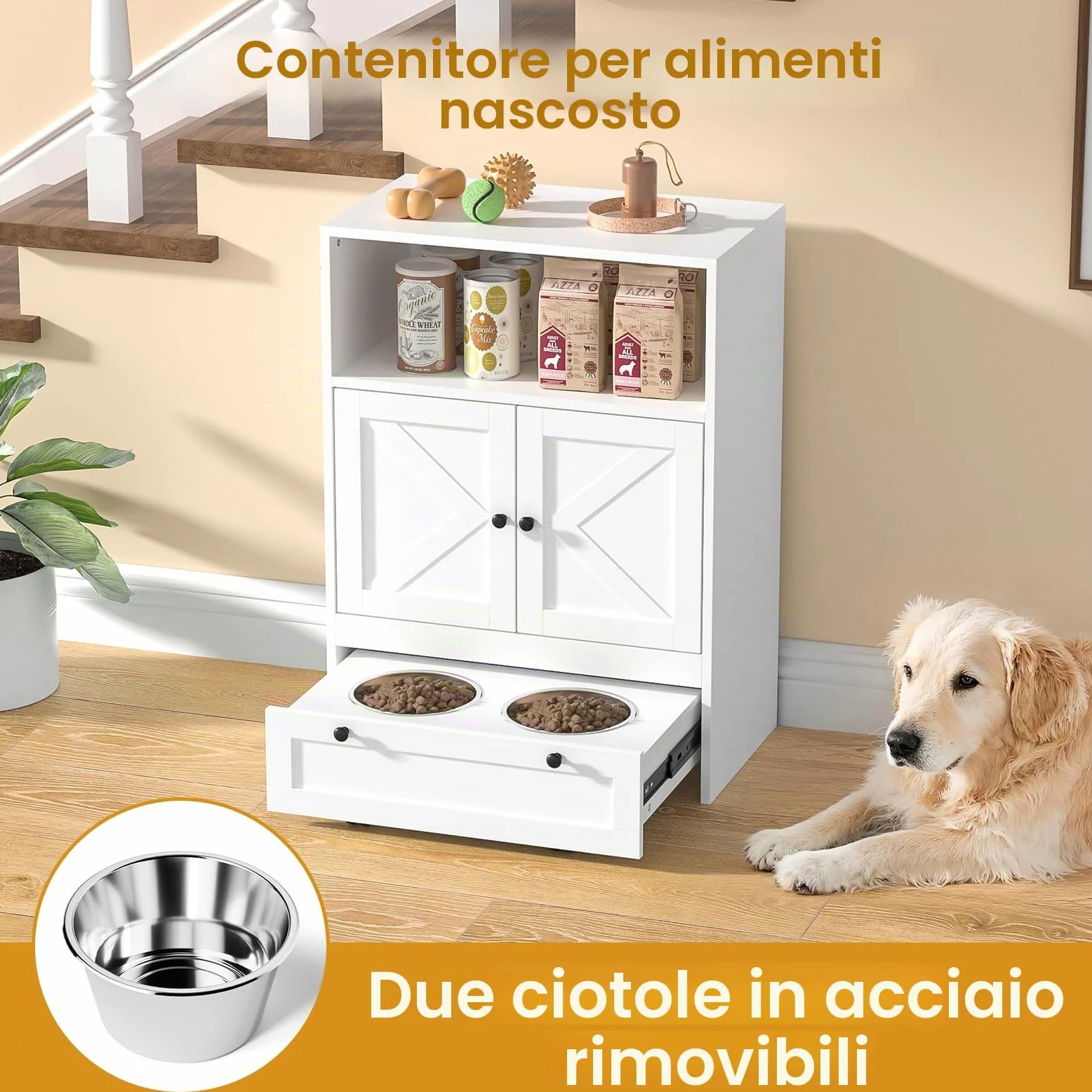 Mangiatoia per cani con 2 ciotole in acciaio inox, 60 x 35 x 82 cm, armadietto per animali domestici con ripostiglio, armadietto per animali domestici 2 in 1 e stazione di alimentazione, ciotola per