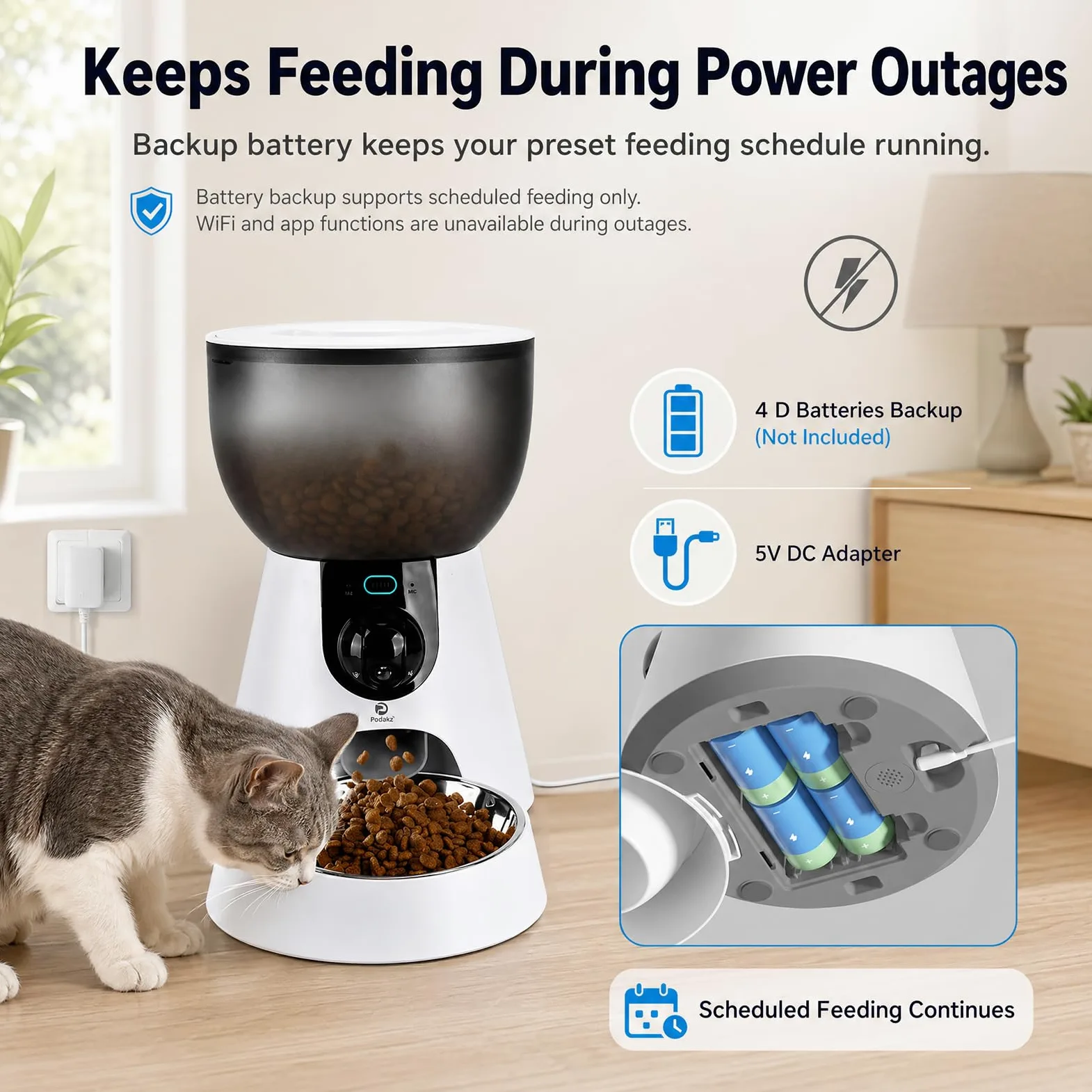 Podazz Distributore Automatico Cibo Gatti con Fotocamera 1080P, 2.4G/5G WiFi Dispenser Cibo Gatti, Controllo App, Timer, Visione Notturna e Voce Bidirezionale, Fino a 10 Porzioni 10 Pasti al Giorno