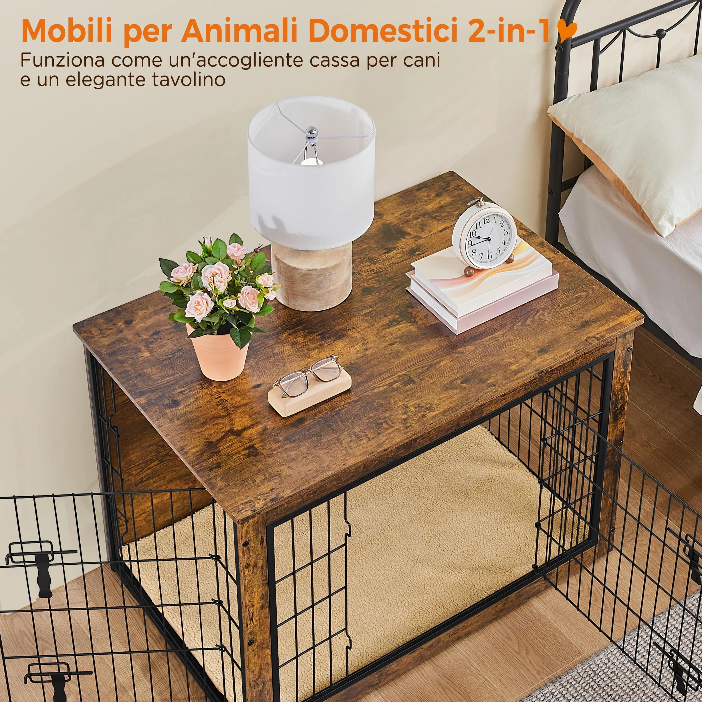 Yaheetech Gabbia per Cani Kennel Tavolino Armadietto con Doppie Porte Gatti a Rete in Legno da Interno (Marrone Rustico, 96 x 65 x 67,5 cm)