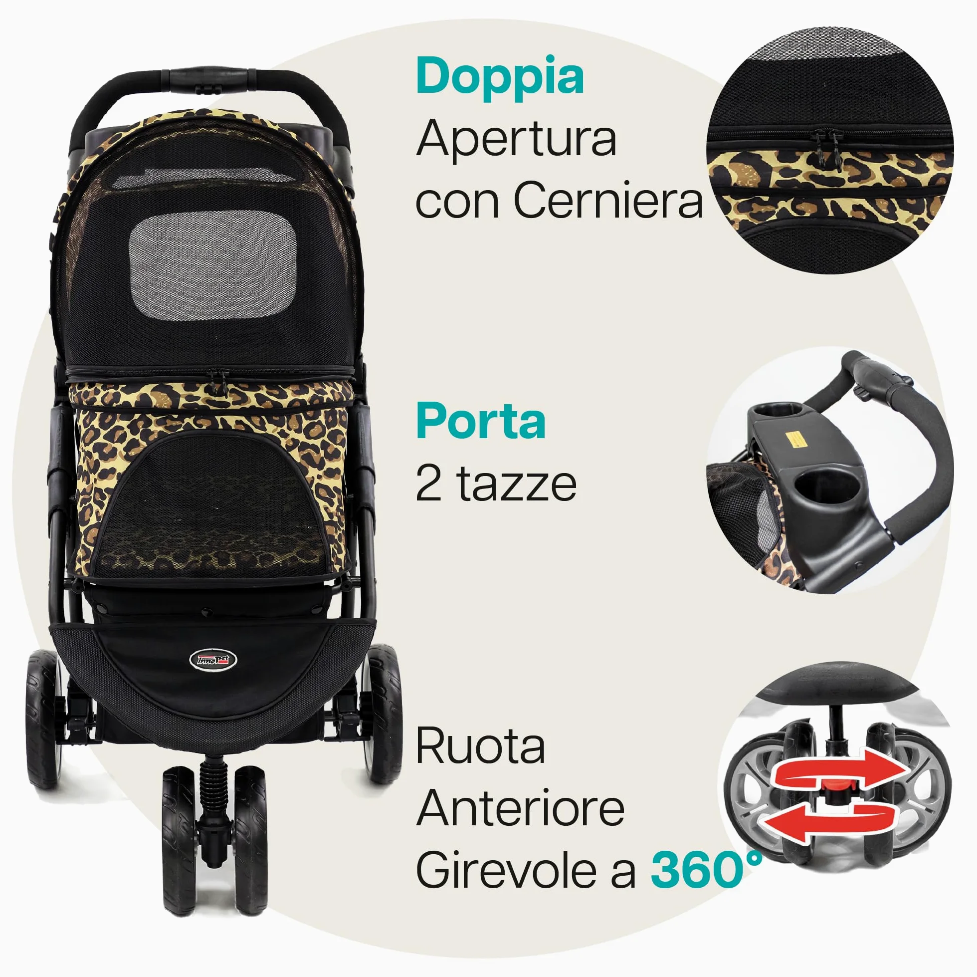Innopet Buggy Allure Cheetah - Elegante passeggino per cani con stampa leopardata, pieghevole con una sola mano - Ruote antiforatura - Peso massimo 20 kg - carrozzina ideale per gatti
