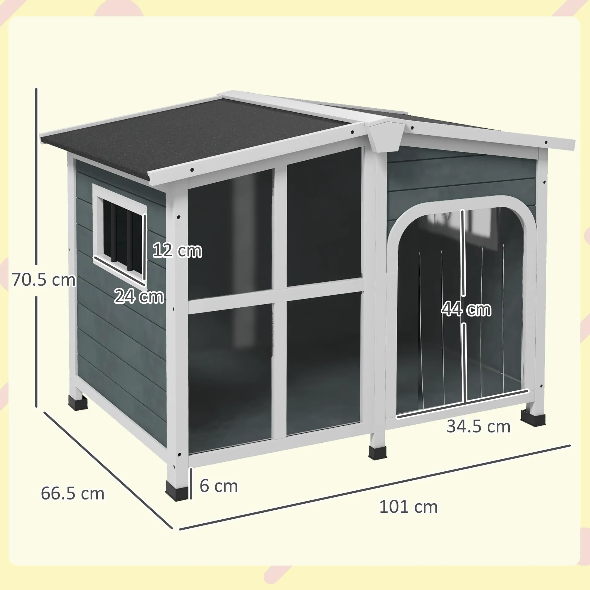PawHut Cuccia per Cani da Esterno in Legno, Casetta per Cani con Tenda Protettiva, Finestra e Tetto Apribile, Cani Taglia Media max. 20 kg, 101x66.5x70.5cm, Grigio Scuro