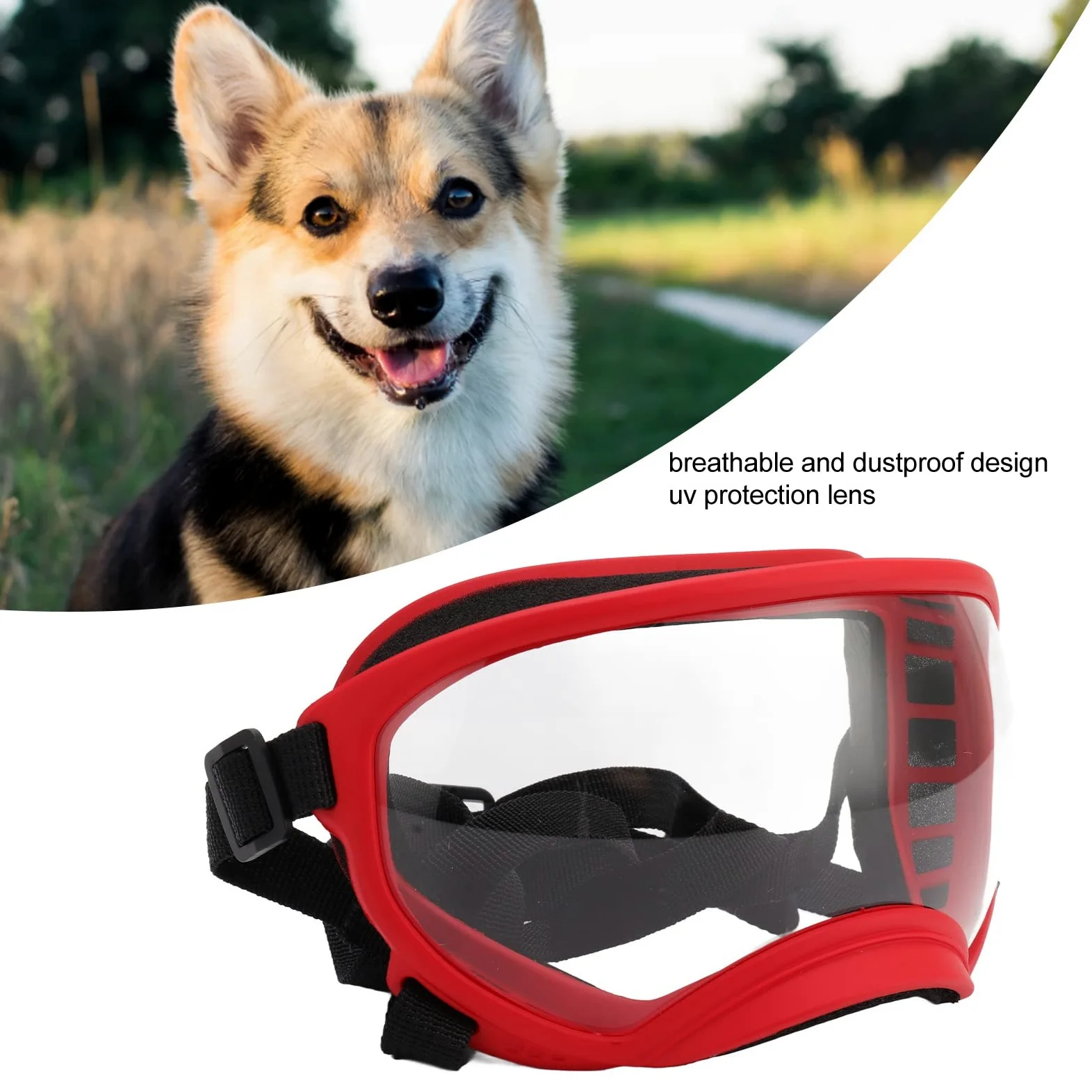 Occhiali da sole per cani antivento, con cinturino regolabile, per cani di taglia grande (montatura rossa e occhiali trasparenti)