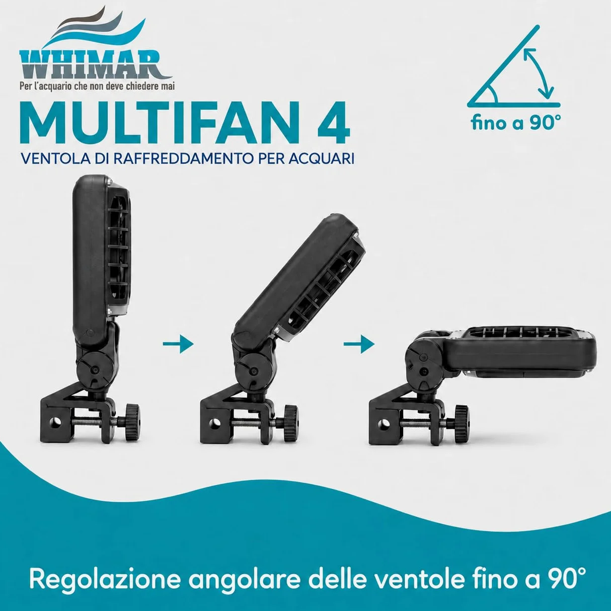 Whimar MultiFan 4 Ventole di Raffreddamento per Acquario, Sistema 12V a 4 Ventole, Basso Consumo 3,8W, Silenzioso <40 Db, per Acquari Aperti, Supporto per Vetro Fino a 20 mm