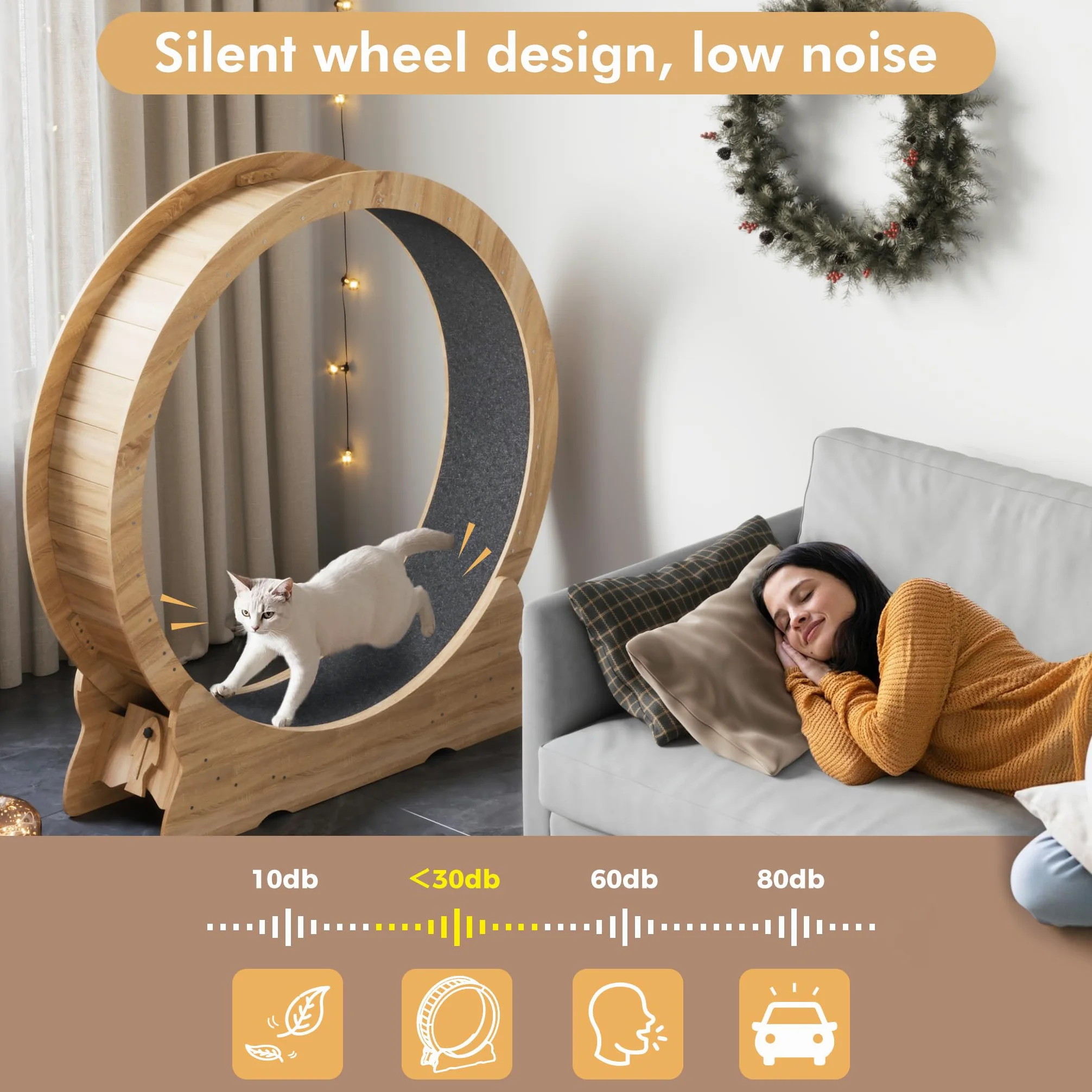 Mondeer Ruota per gatti, 110 cm, XL, tapis roulant con tappeto rimovibile e teaser per gatti, per corsa, camminata e allenamento (legno naturale)