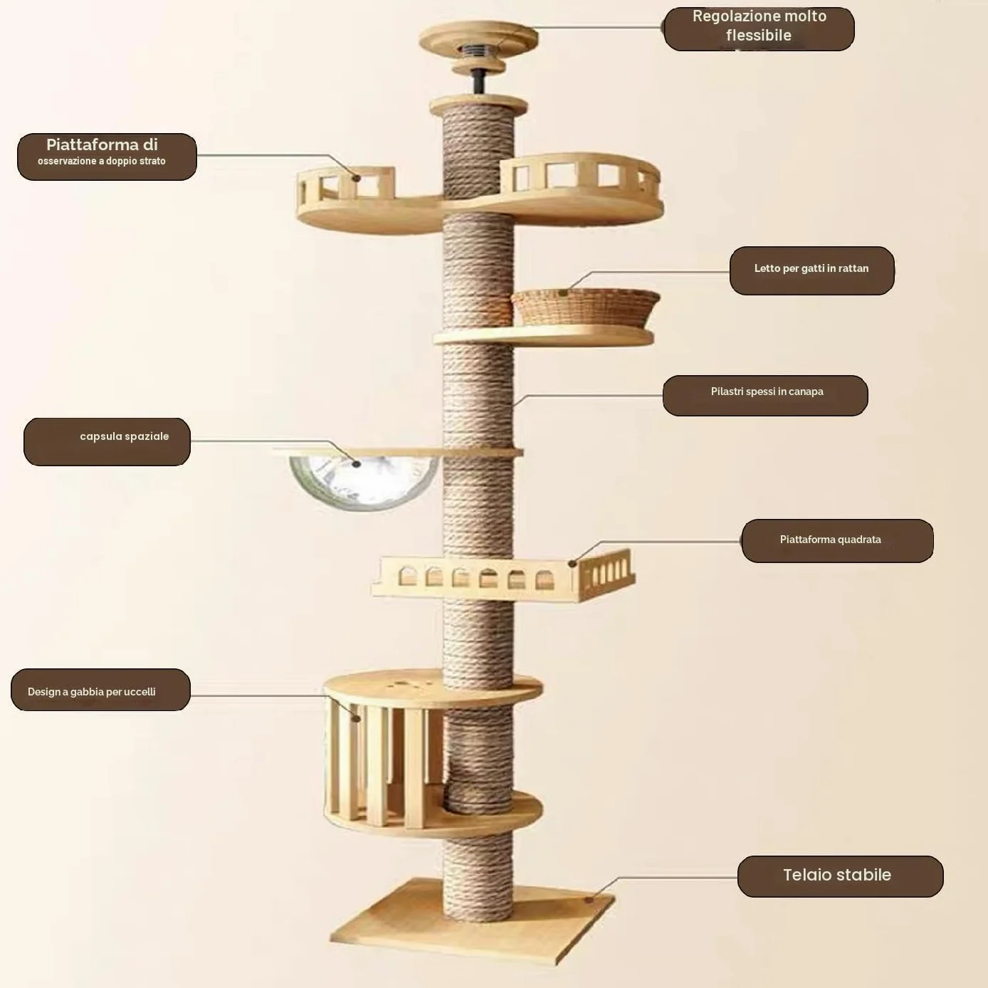 Tiragraffi a soffitto, tiragraffi alto, capsula stanza, amaca per gatti, completamente avvolta in corda di sisal, capsula per stanza, gabbia per gatti (240~280 cm T03), altezza del soffitto