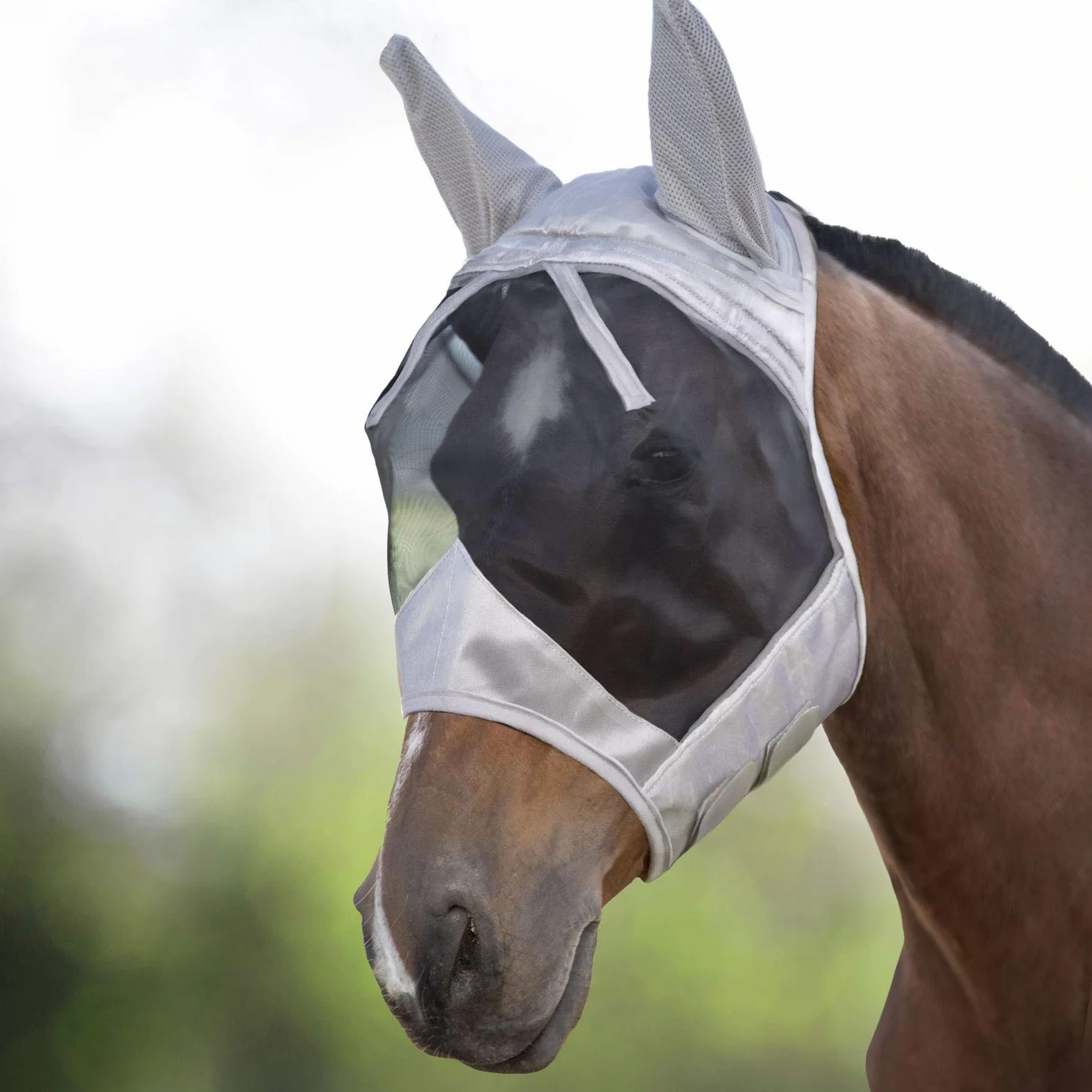 Harrison Howard CareMaster Maschera Anti-Mosche per Cavallo UV Protezione con para Orecchie Argento/Nero