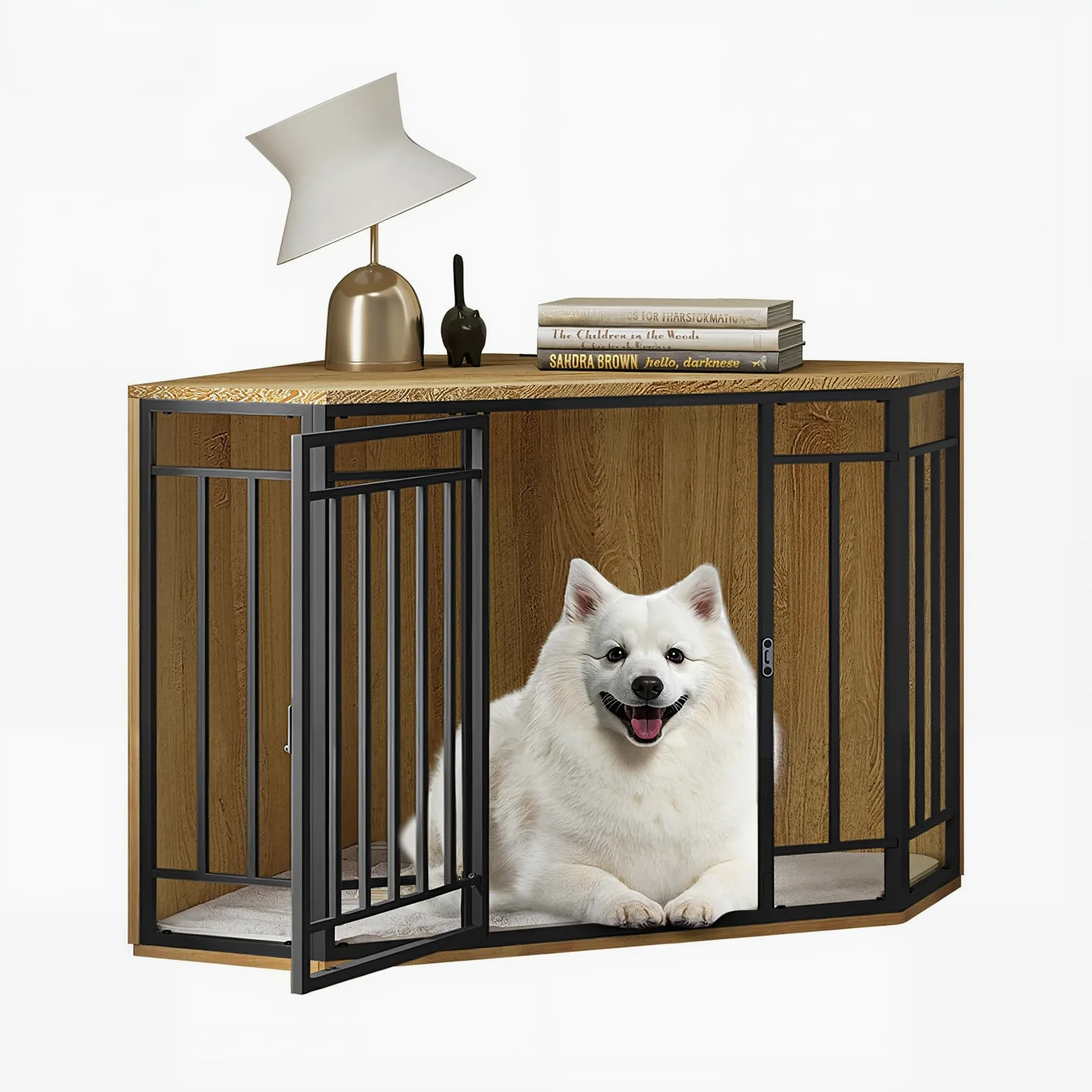 EUGAD Mobile Kennel Cane, Gabbia per Cani ad Angolo, Gabbia per Cani in Legno,Tavolo Supplemento,Sopporta di 70kg, Moderna Kennel Cane,Dog Crate Decorativa con Porta Bloccabile 111x60x67cm