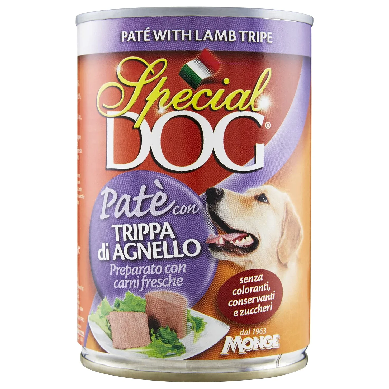24 Lattine Special Dog Monge 400g Patè Gusti Vari con 80 Strappi NutriPoop Omaggio (Trippa di Agnello)