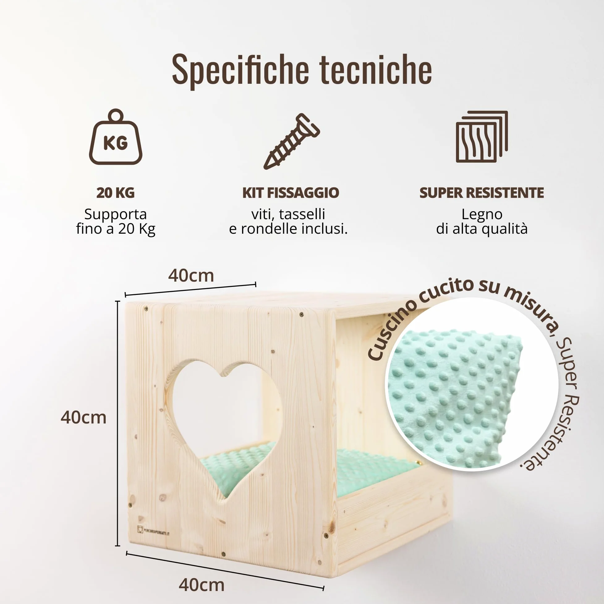 Cubo Cuccia Gatto 40x40x40cm, in Legno d'Abete PEFC Fatto a Mano, grafica Cuore e Cuscino Verde Lavabile, Cuccia per Gatti per Riposo, Giocare, e arrampicarsi, fino a 20 KG – Percorsipergatti