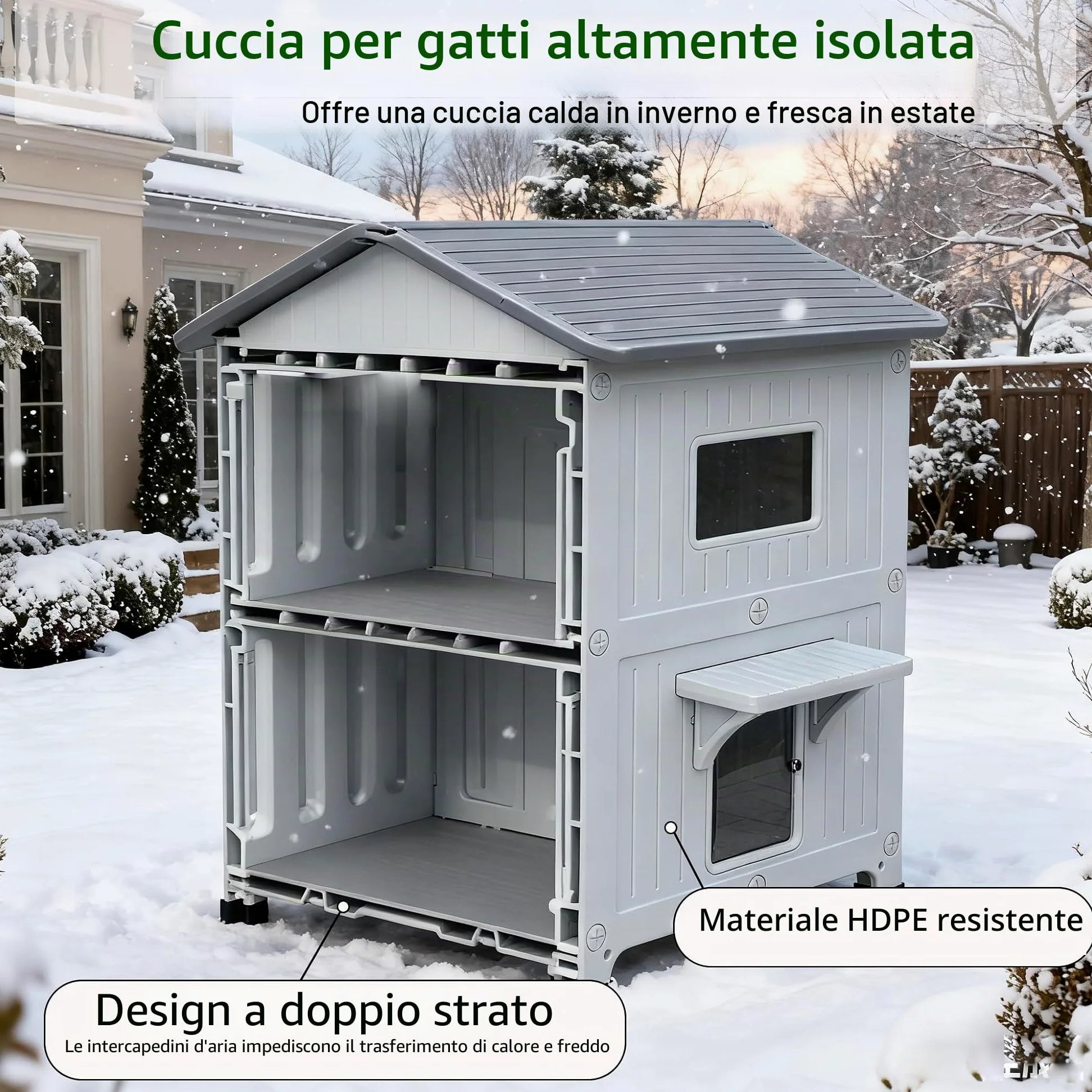 2 pezzi Casetta per gatti all'aperto con rivestimento isolato, case per gatti all'aperto in plastica rifugio per gatti all'aperto resistente alle intemperie con porta di fuga