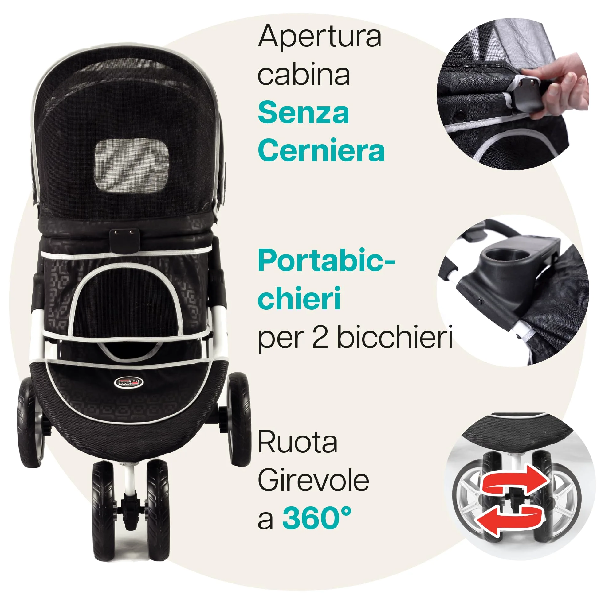 Innopet Monaco Passeggino per cani e gatti nero con copertura antipioggia, capacità 25 kg, pieghevole con una sola mano - Cestino portaoggetti convertibile - Cuscino double face